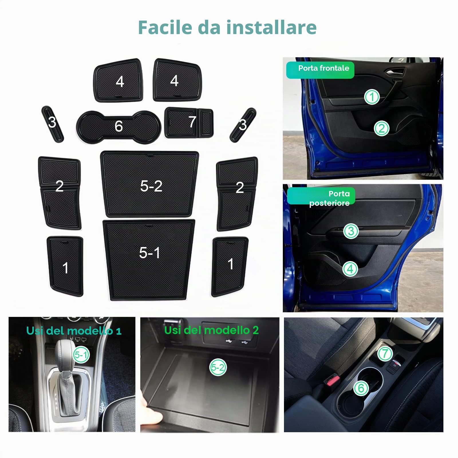 GAFAT Renaul-t Captur 2 | E-Tech | Hybrid 2020-2024 2025 Tappetini Antiscivolo Gomma, Captur 2023 Tappetino Console Centrale, Cuciture Porta, Compatibili con Renault Captur 2 [Non per Freno a Mano]