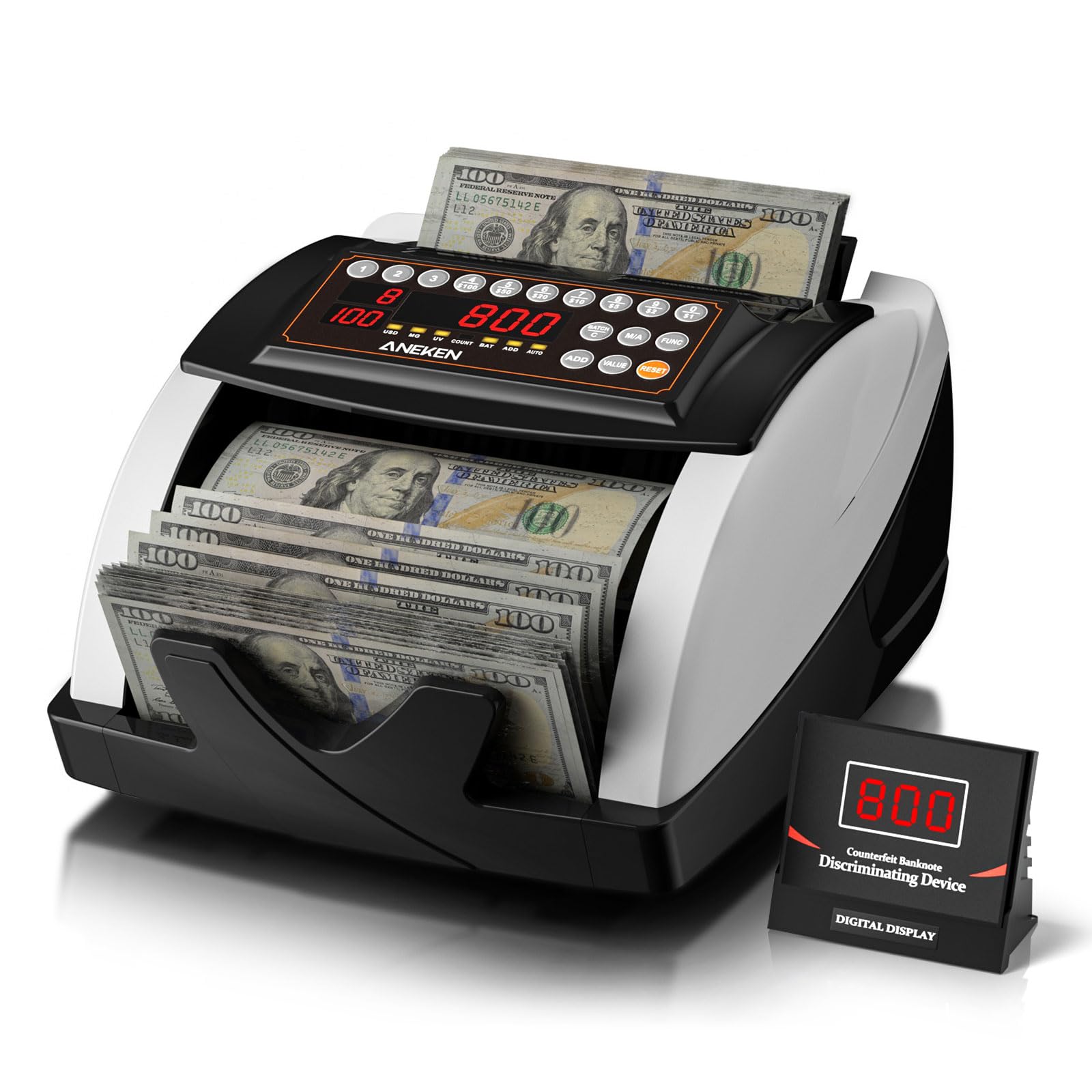 Aneken Money Counter with Value Count, UV/MG/IR Counterfeit Detection for Dollars Euros Machine with Count/Add/Batch/Auto Modes, Cash Counter with