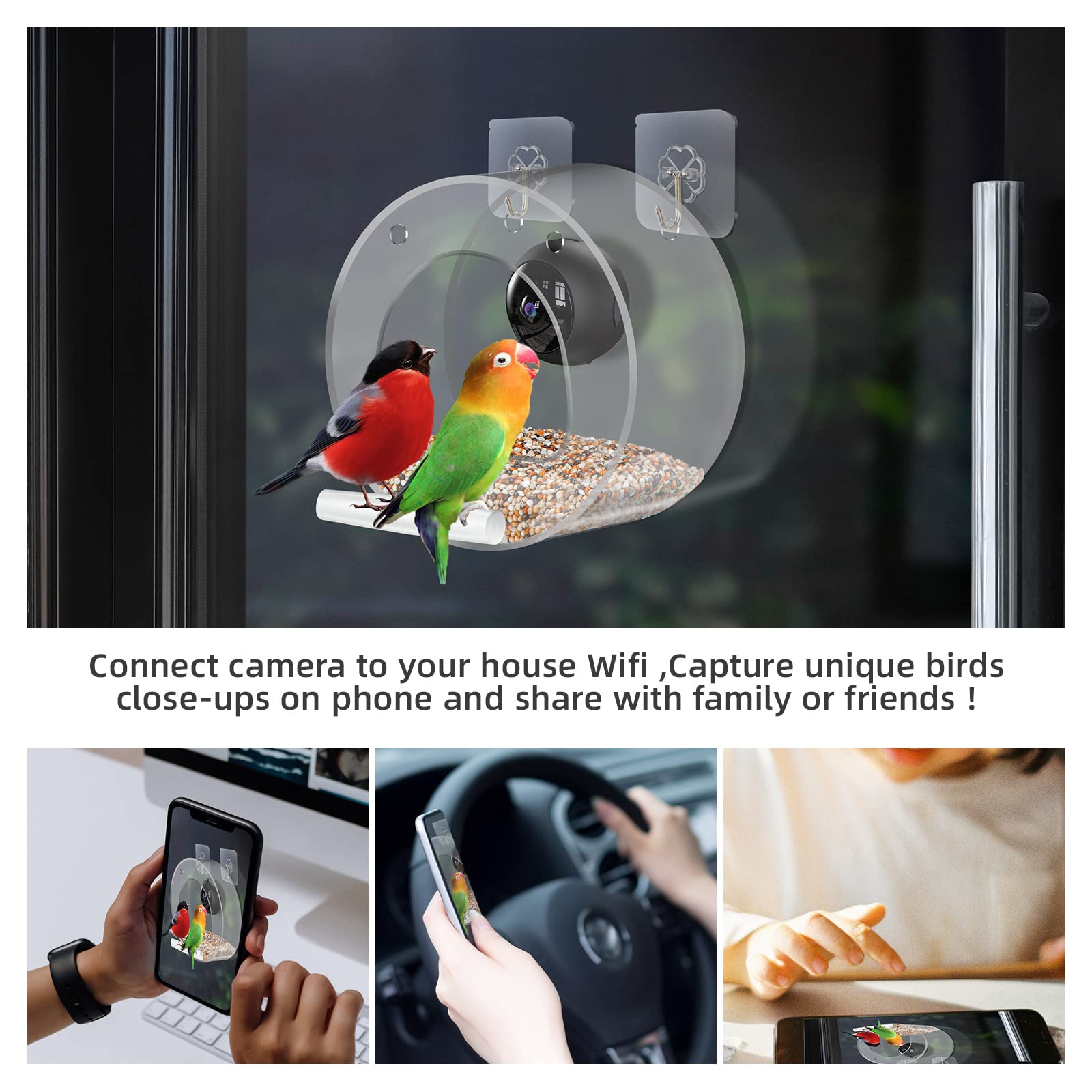 Bird Feeder with Camera, Smart Bird Feeder with Camera Hd 1080p Night-Version Video Wireless Outdoor for Thistle, Finch,Wild Outdoor Bird Watching, Capture Photos Window Hanging Bird Feeder