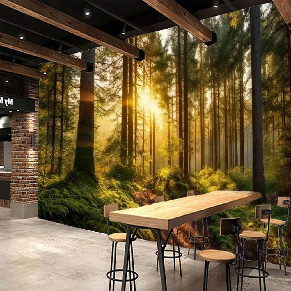QIWUCA Forest Trees Wall Mural for Living Room, Sunset in The Woods Render Illustration Wall Paper, Nature Scenery Removable Wallpaper Wall Sticker for Bedroom (Not Peel n' Stick)-70
