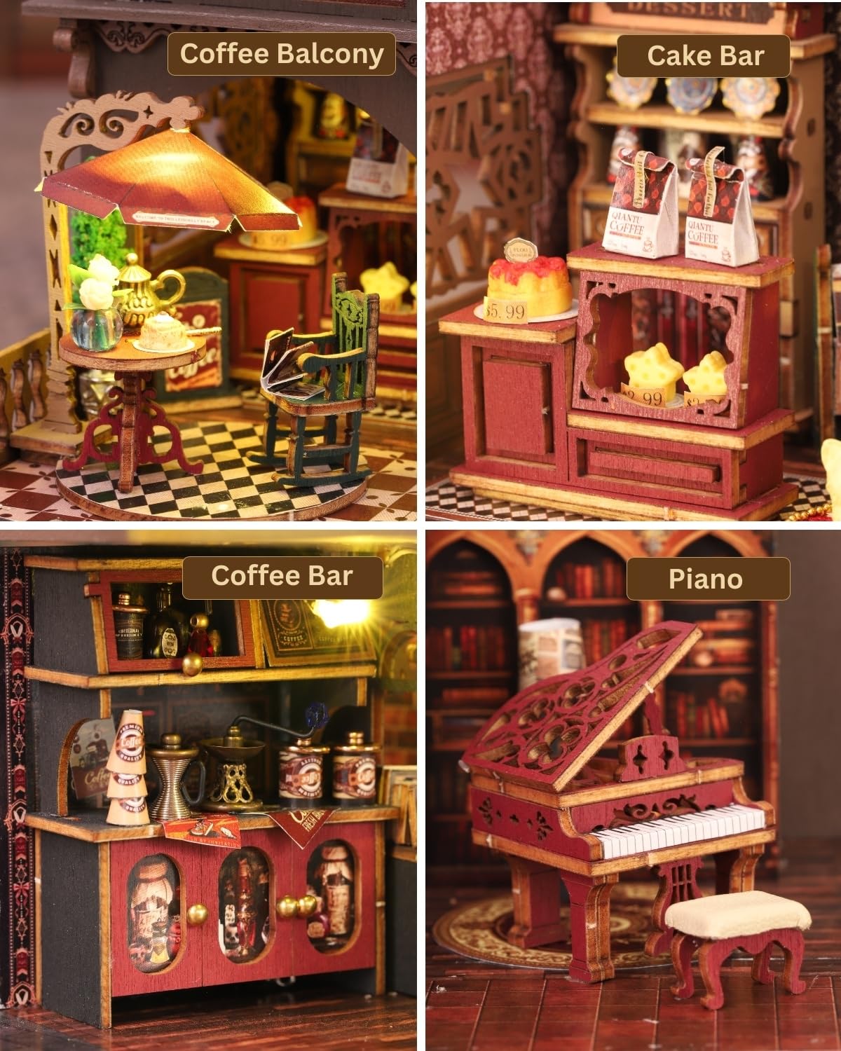 Kit fai da te per casa in miniatura con luce a LED, kit assemblato per decorare mensole, puzzle 3D in legno, piccolo angolo del libro, regalo creativo per adulti a Natale, Halloween