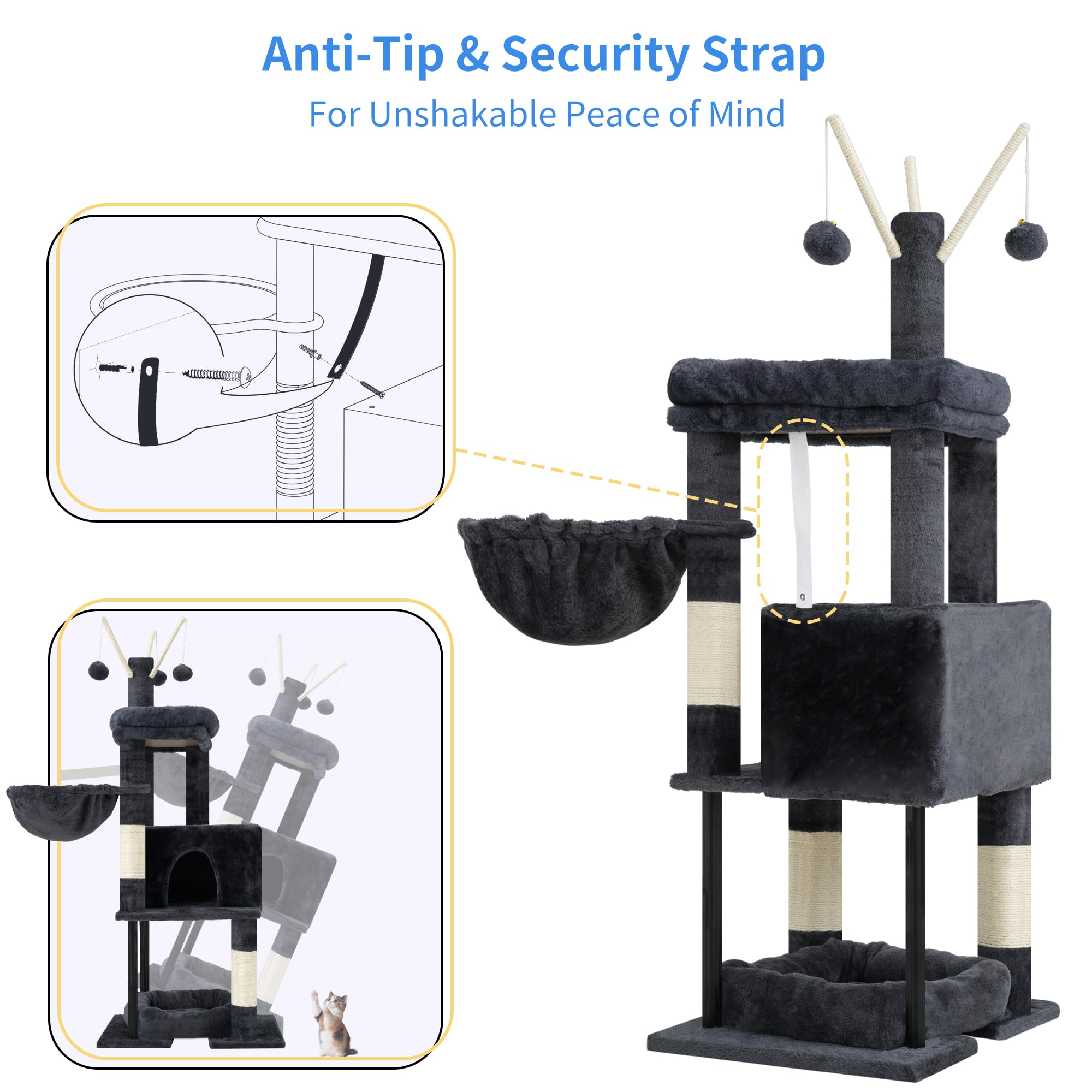 Heybly Tiragraffi per Gatti da Interno 115 cm, Albero per Gatti con Ampia Piattaforma, Cuccia Morbida, Nicchia Nascosta, Amaca, Torre con Tiragraffi e 3 Giochi Pendenti, Grigio Fumo HCT202SG
