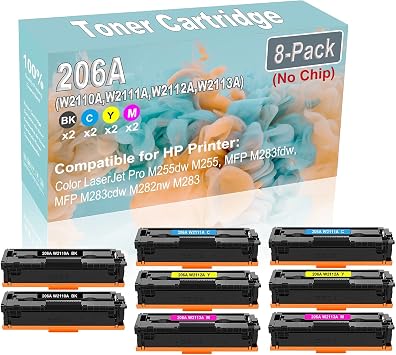 Amazon.com: Cartucho de tóner láser M255dw M255 MFP M283fdw (alta  capacidad) compatible con 8 cartuchos de tóner láser M255dw M255 MFP  M283fdw (alta capacidad) para impresora HP 206A W2110A W2113A (sin chip) :