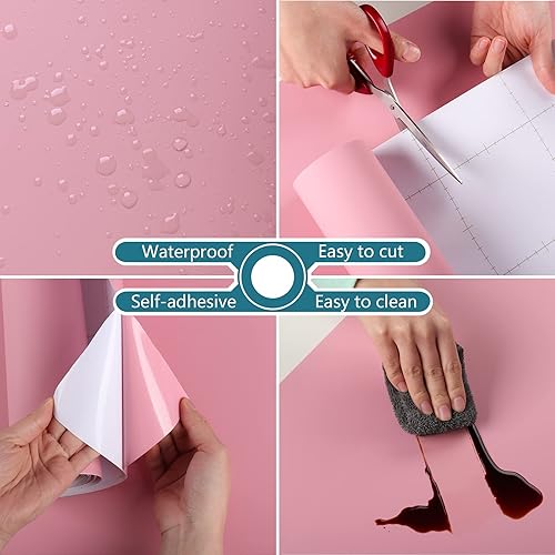 Miniatura 9 de VEELIKE Papel tapiz de color rosa autoadhesivo para despegar y pegar, papel adhesivo grueso, impermeable, rollo de película de vinilo decorativo