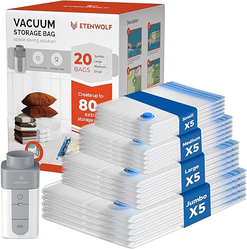 ETENWOLF 20 Pack Vacuum Storage Bags with Rechargeable Wireless Pump,