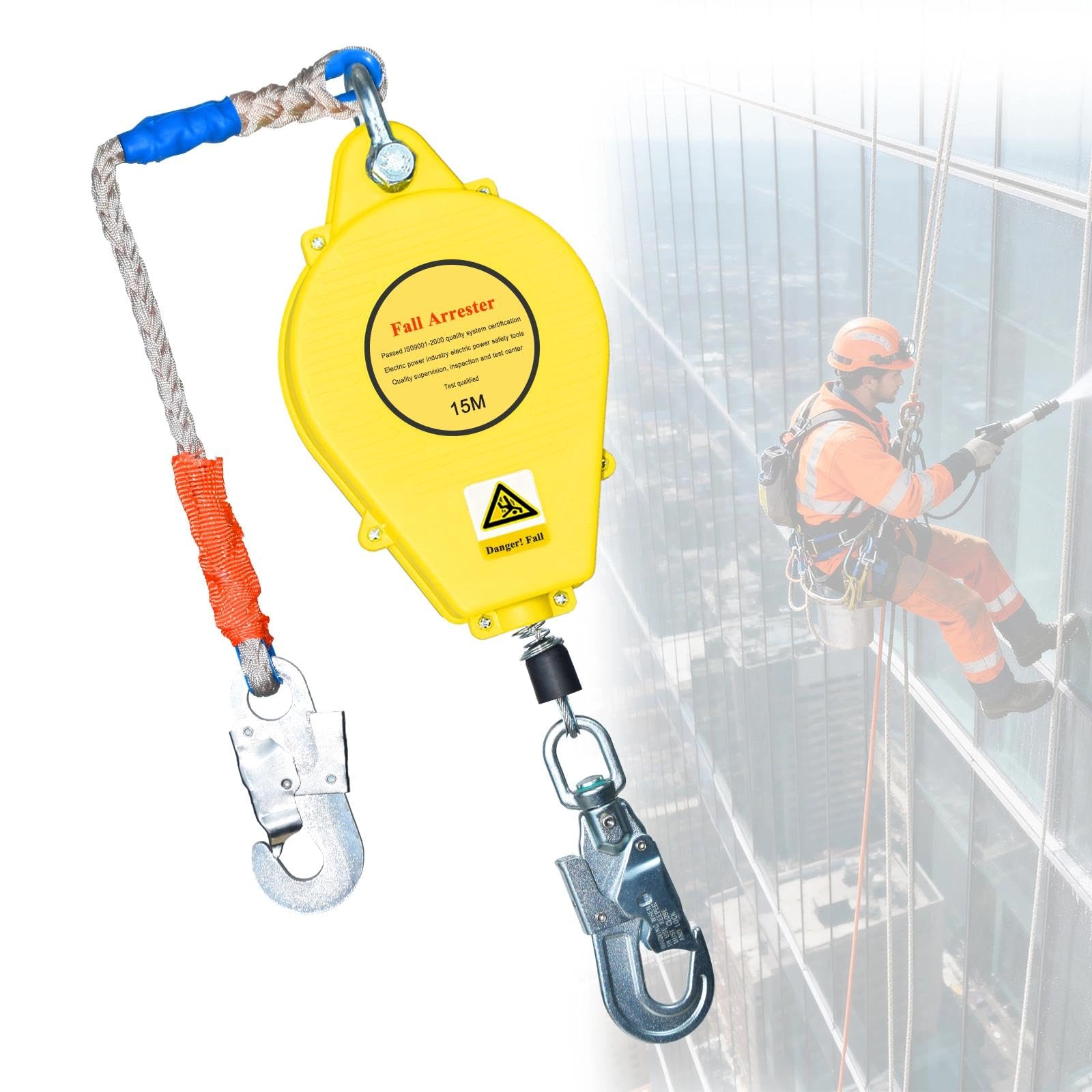 Dispositif Antichute a Rappel Automatique10m/15m/20m, Harnais de Securite Anti Chute Connecteurs et Crochets en Acier Allié, Ligne de Vie Auto-Rétractable pour Toit et Travaux aériens(Jaune,15m)