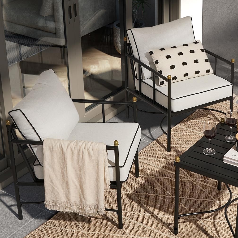 mopio Odelia Patio Chairs Set of 2, Outdoor Chair with Removable Cushions and Rust Free Metal Frame, Conversation Sets for Front Porch, Balcony, Apartments, Yard, Bistro (Lounge Chair x2, Offwhite)