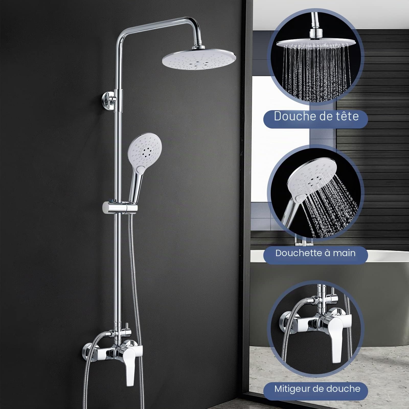 kisimixer Colonne de Douche avec Mitigeur Douche Monocommande, Ensemble de Douche Réglable en Hauteur, Mitigeur Mécanique Système de Douche avec Tête de Douche Ronde 20CM et Douchette 3 Jets, Chromé