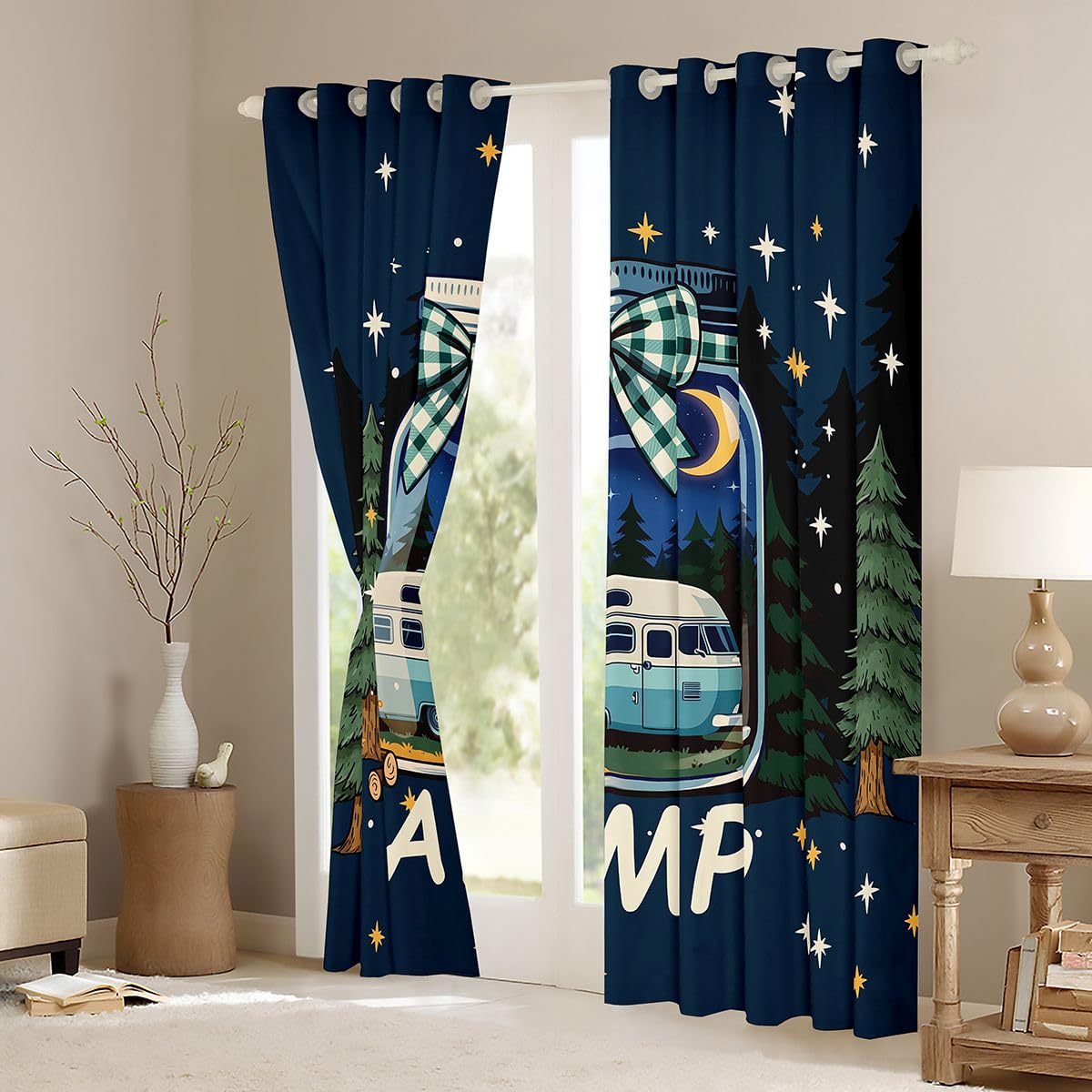 Homewish Camper Happy Camping - Tende oscuranti blu navy, 52 x 90 cm | Tende rustiche con occhielli per camera da letto, falò, tende da viaggio, rimorchi, 2 pannelli