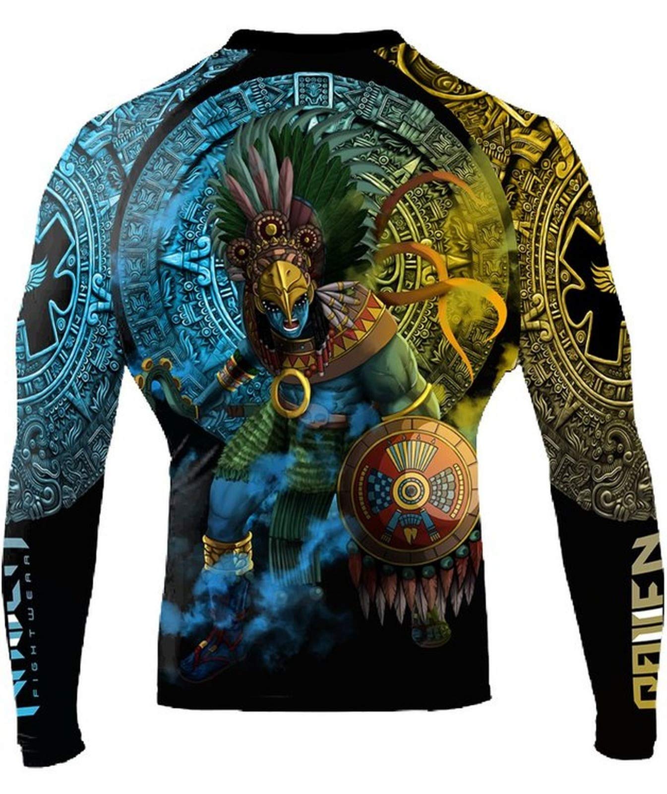 Raven Fightwear Gods of Mesoamerica Huitzilopochtli Rash Guard Men's Camicia a Compressione Manica Lunga Uomo Arti Marziali BJJ Fitness Grappling No-Gi
