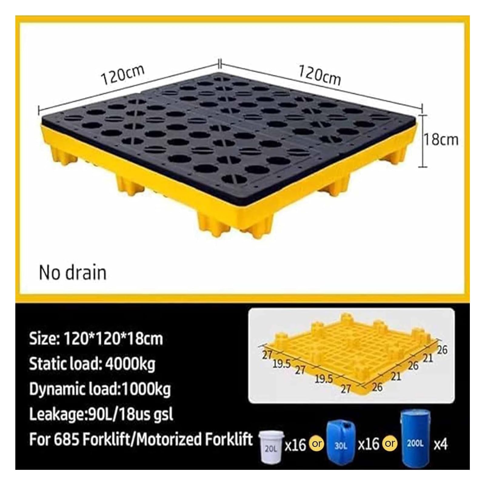 Genérico Bandeja Modular apilable para contención de derrames - 120x120x18cm, Plataforma de Almacenamiento de Productos químicos a Prueba de Fugas con Rejilla Desmontable para manipulación y almacena