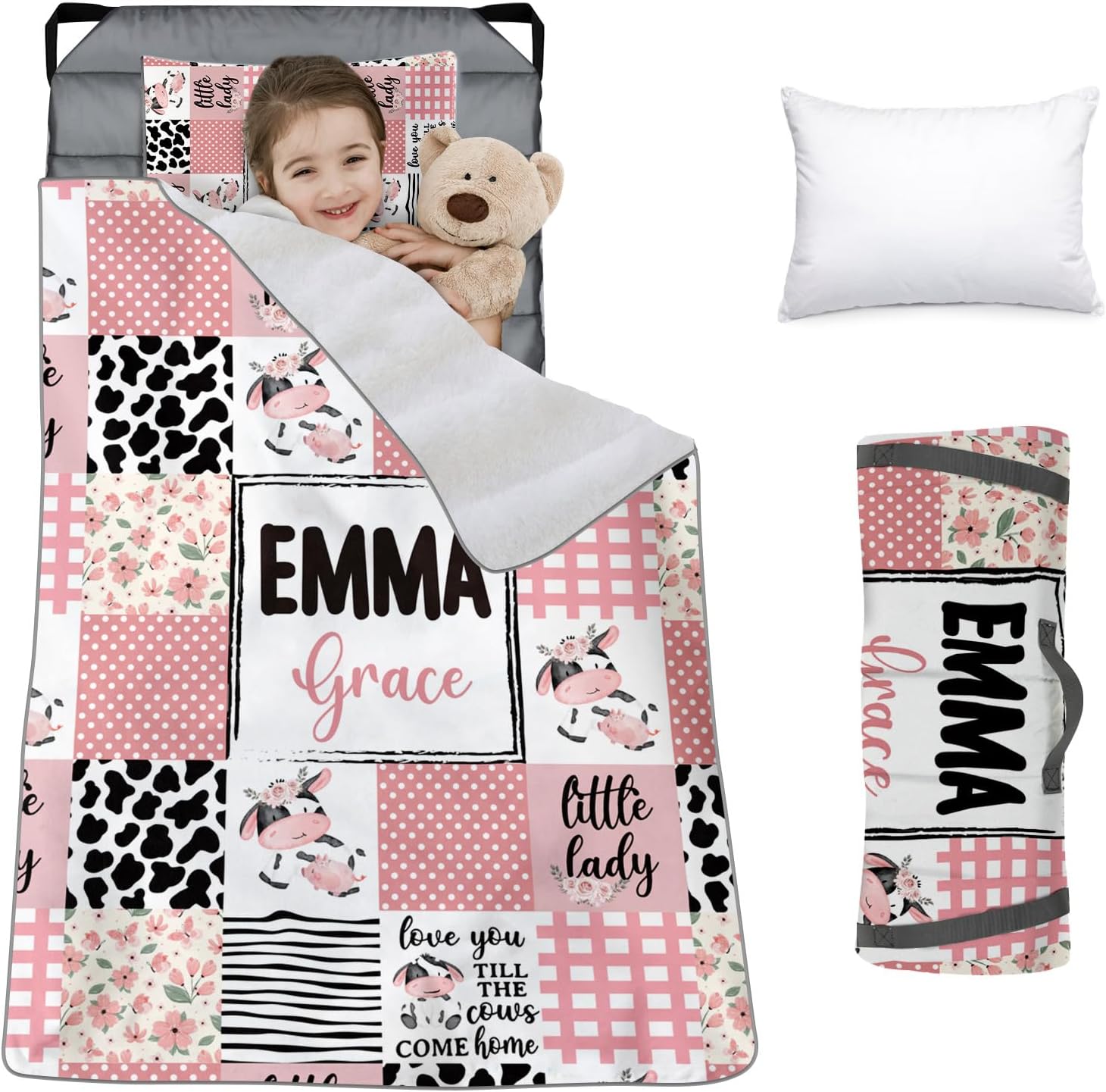 Custom Toddler Bedding Set - Personalized Name with Animals Plaid Nap Mat for Preschool, Roll Up Sleeping Bag with Flannel Blanket for Boys Girls Kids Daycare Gift Color09-Cow