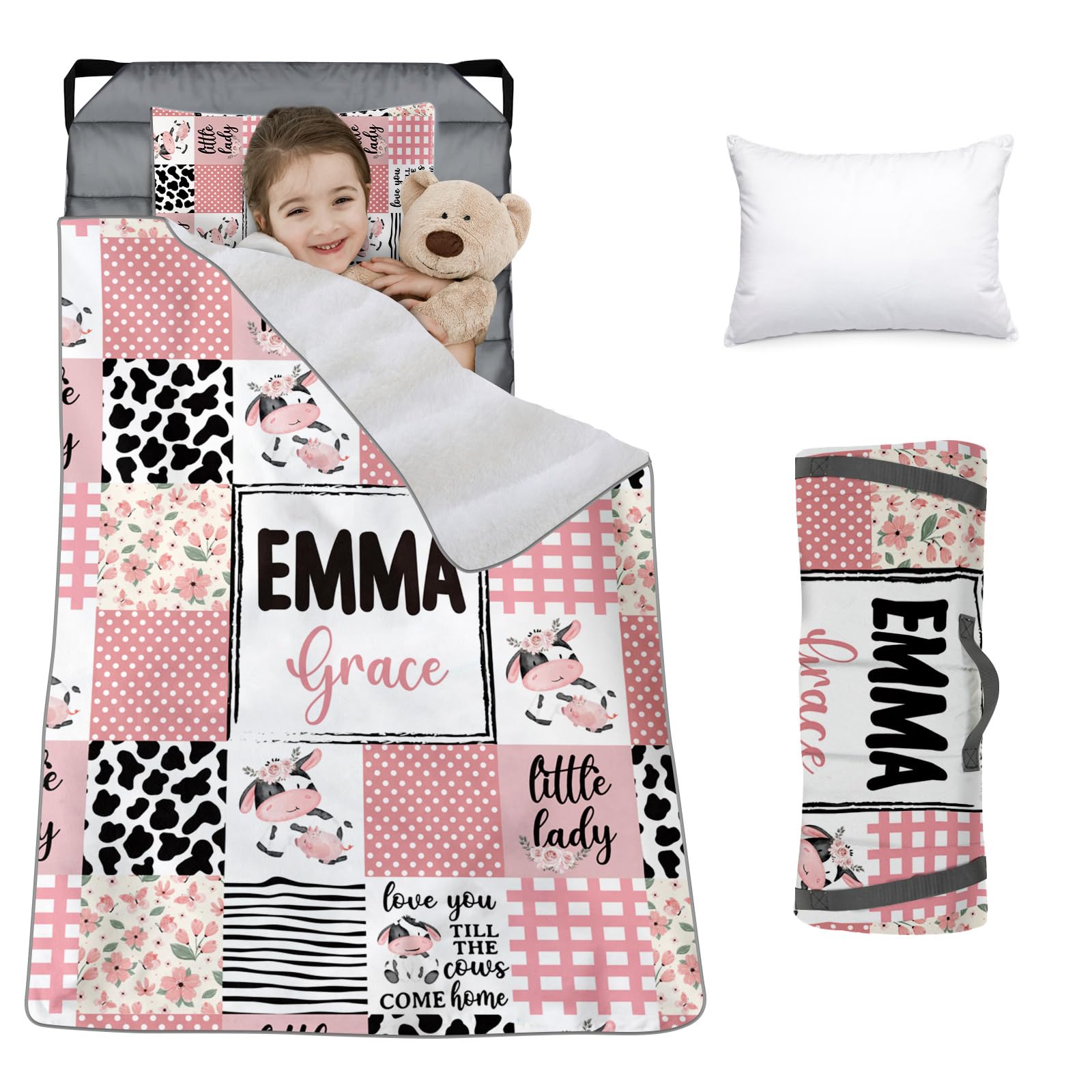 Custom Toddler Bedding Set - Personalized Name with Animals Plaid Nap Mat for Preschool, Roll Up Sleeping Bag with Flannel Blanket for Boys Girls Kids Daycare Gift Color09-Cow
