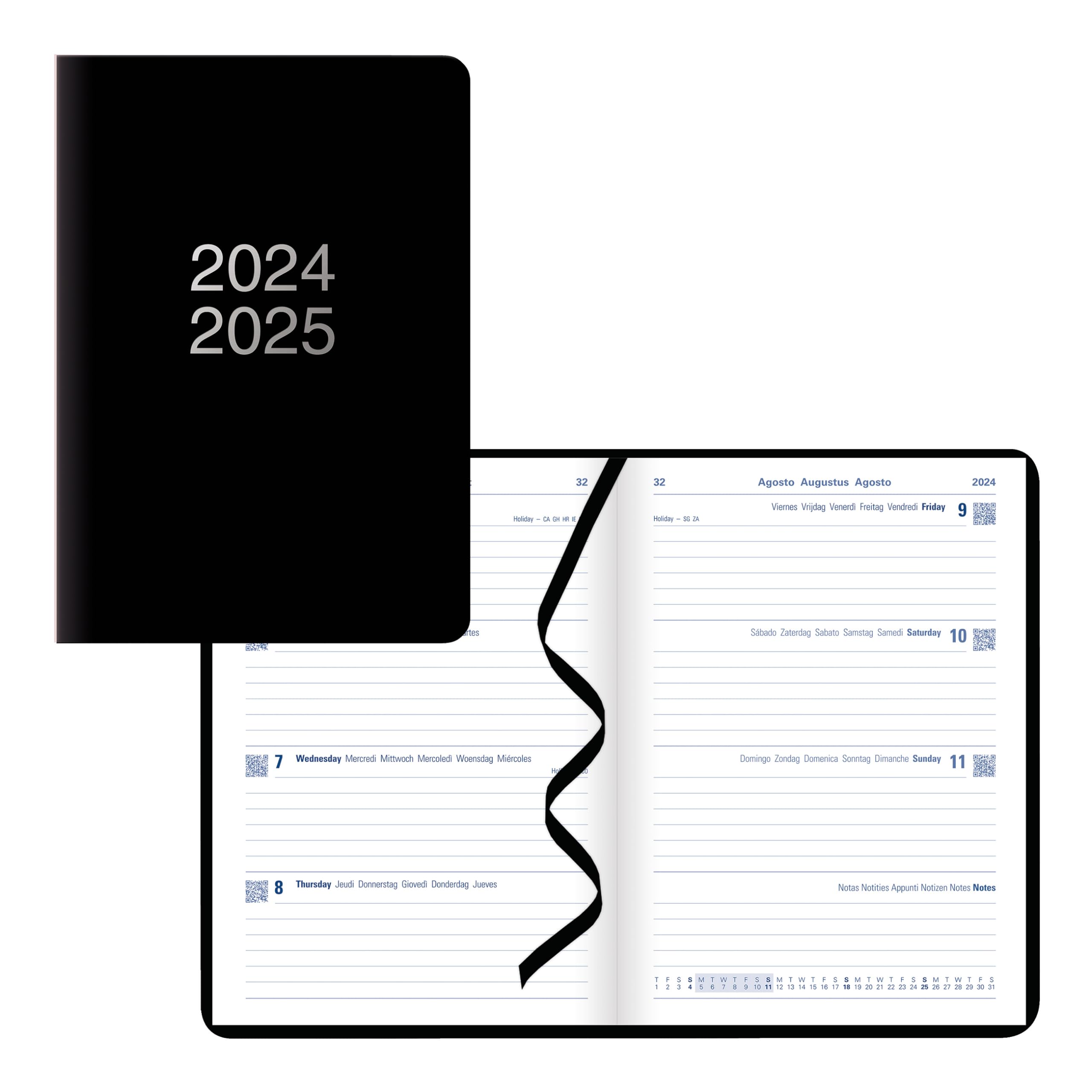 LETTSof London® Dazzle Academic Weekly Planner, August 2024 to July 2025, Week-to-View, Sewn Binding, Multilingual, A5 Size, 8.25" x 5.875", Black (C031117-25)