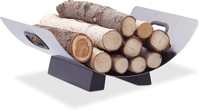 Relaxdays Stainless Steel Log Cradle, Modern Firewood Basket, Metal Log Carrier Holder, H x W x D: 16 x 41 x 33 cm, Silver