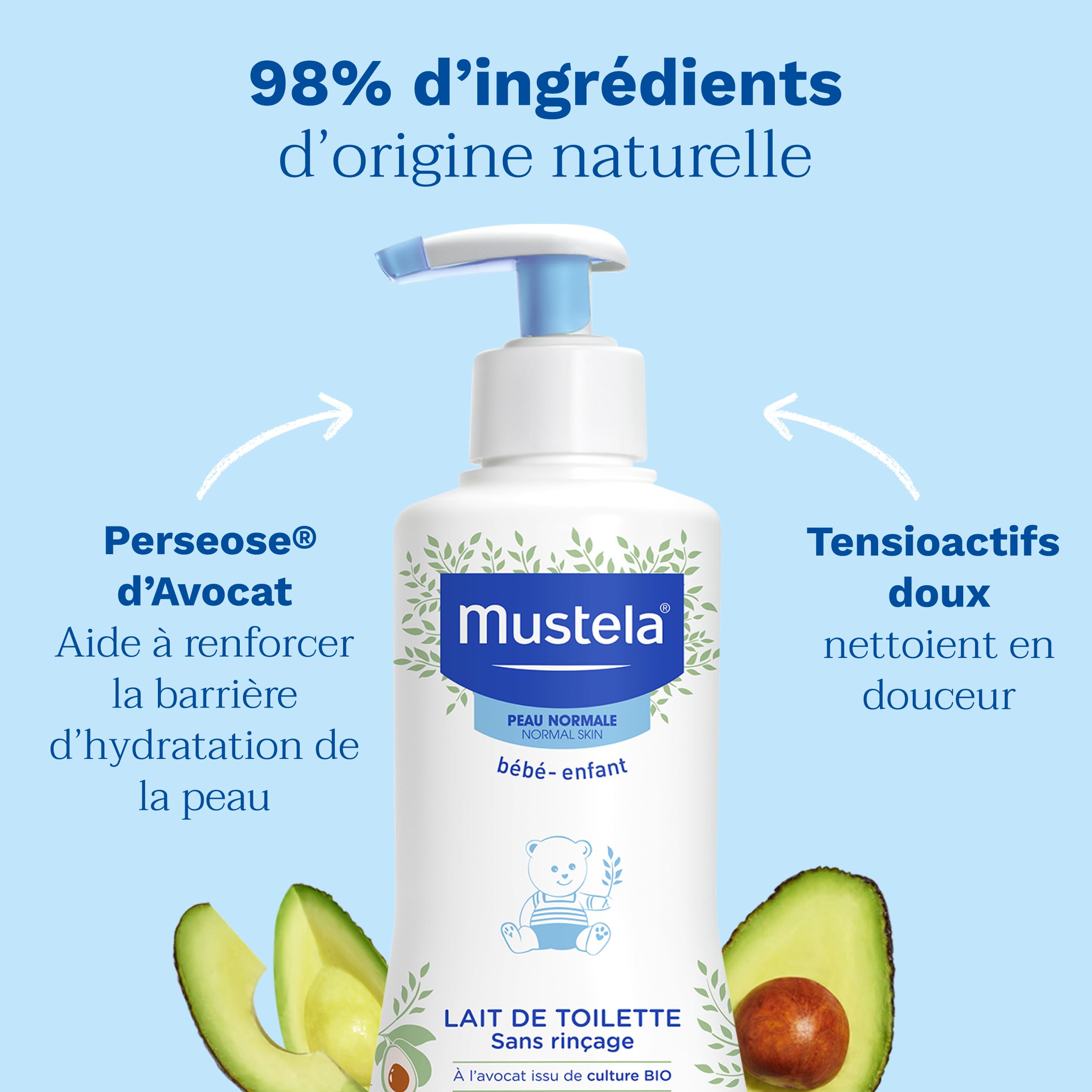 Mustela - Lait de Toilette Bébé Sans Rinçage - Soin Nettoyant et Favorisant l'Hydratation - 98% d'ingrédients d'origine naturelle - Haute Tolérance - Hygiène Bébé Douce Visage et Siège - Peau Normale - 2