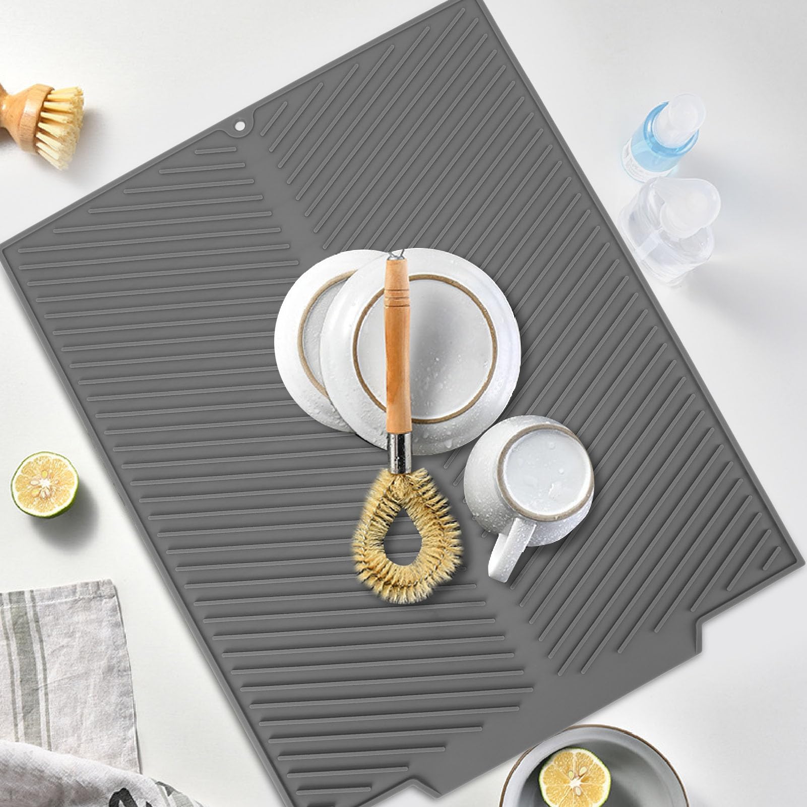 Große Abtropfmatte aus Silikon, hitzebeständig, rutschfest, für Küchentheke, Abfluss-Pad für Zuhause, mit verbesserter Trocknungsleistung, multifunktional (grau)