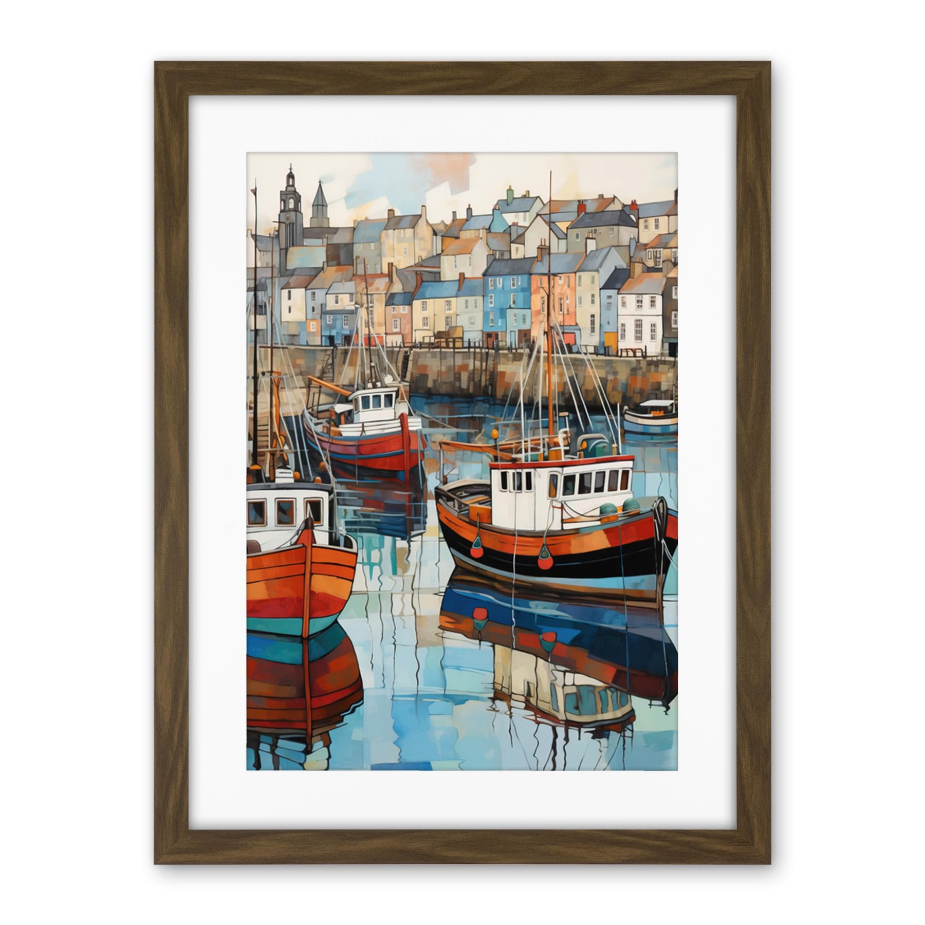 Artery8 Newlyn Harbour Trawler Boats Promenade Watercolour Painting Cornwall Coastal Townscape Artwork Framed Wall Art Print 18X24 Inch