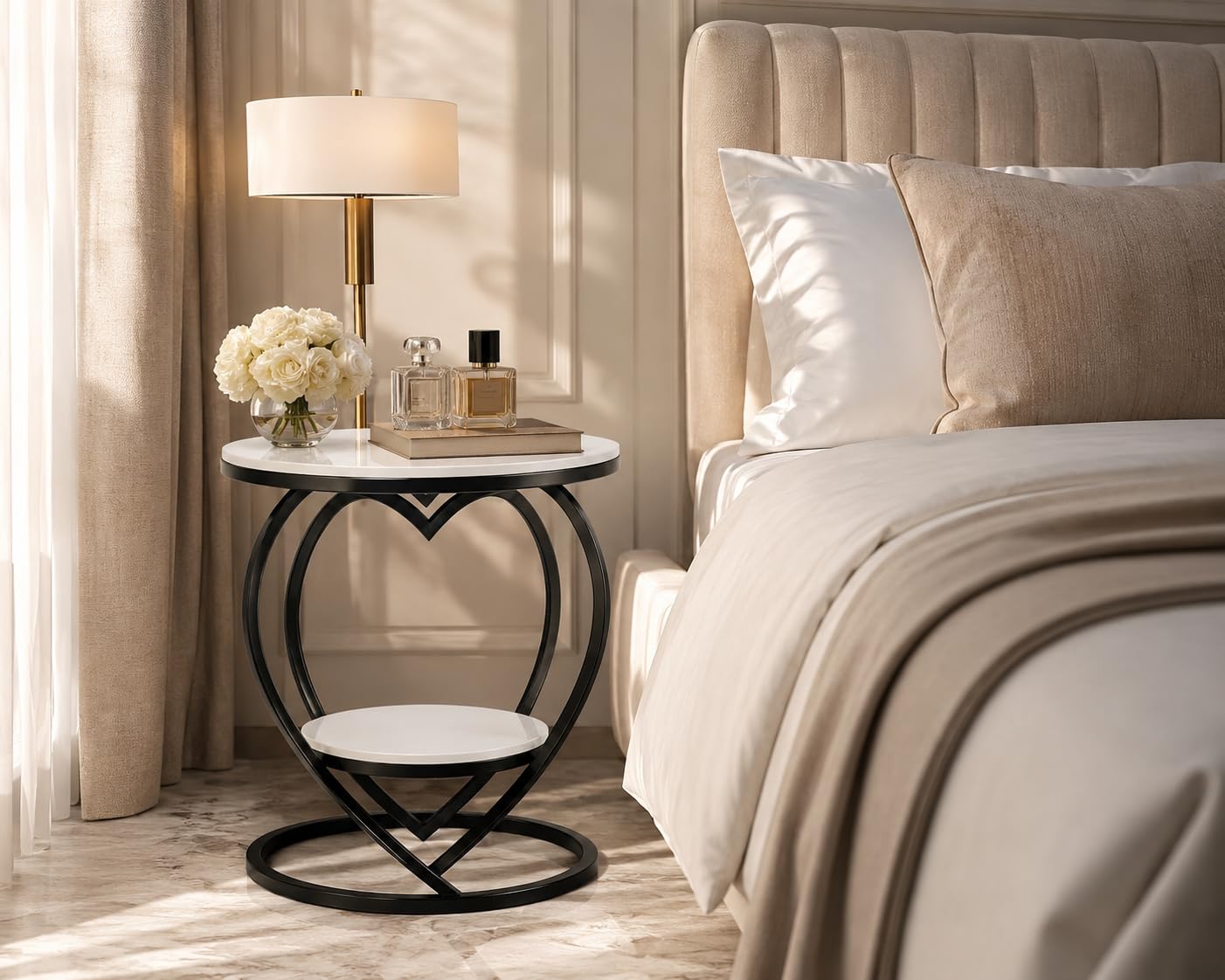 Luxury Heart Shaped Coffee Side Table with Black Marble Finish Top, Gold Metal Frame & Storage Shelf, Modern Accent Table for Living Room & Bedroom Black White-image-41