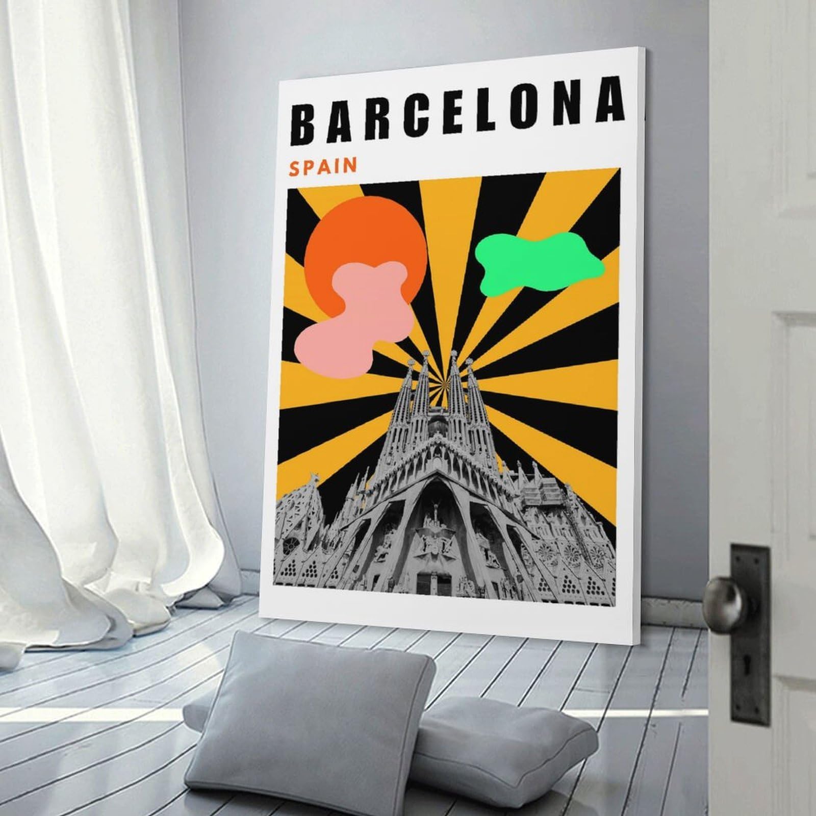 Junmoney Frame-Style-22 Barcelona Mid Century Modern Collage Travelposter Home Decor Wall Art 16X24inch(40X60cm), For Bedroom, Guest Room Or Reading Nook, Decorative Wall Art For Cosy Rooms