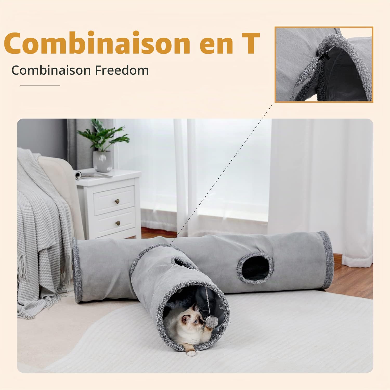 OHANA Jouet Tunnel pour Chat en Daim, Grand Tunnel a Chat Pliable avec 2 Trous et Boule Suspendue pour Chats Chatons Lapins Dia30 * 67cm