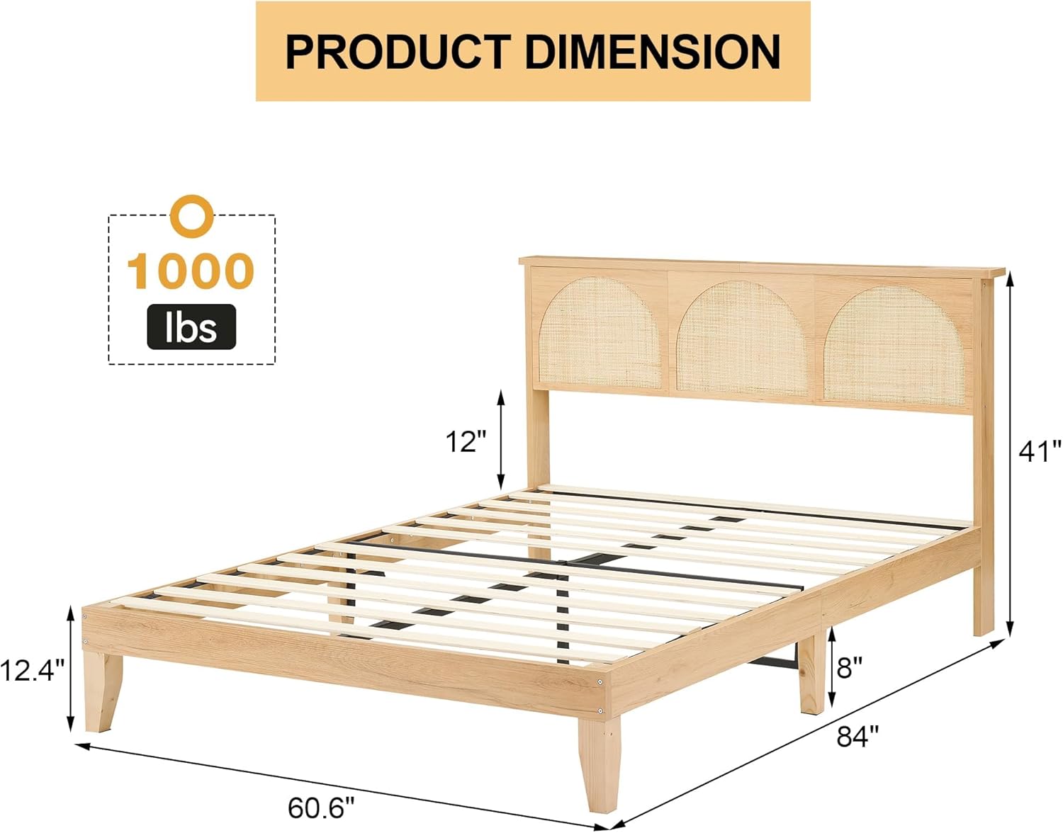 Rattan Queen Bed Frame with Headboard, Natural Bed Frames with LED Lights and Storage Headboard, Solid Wood Legs, Noise Free, No Box Spring Needed, Easy Assembly for a Comfortable Sleep