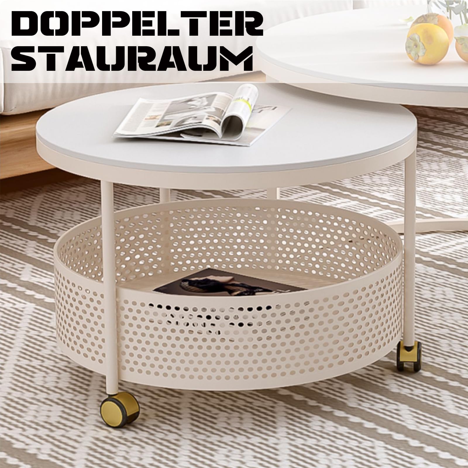 GHBXJX Modern Couchtisch Rund 2er Set, Metall Couchtisch mit Rollen und Stauraum, Sofa Tische Wohnzimmer Couch Beistelltisch, Mobiler Stubentisch, Cauchsofa Tisch, Belastbarkeit 100kg,Weiß Küche, Haushalt & Wohnen