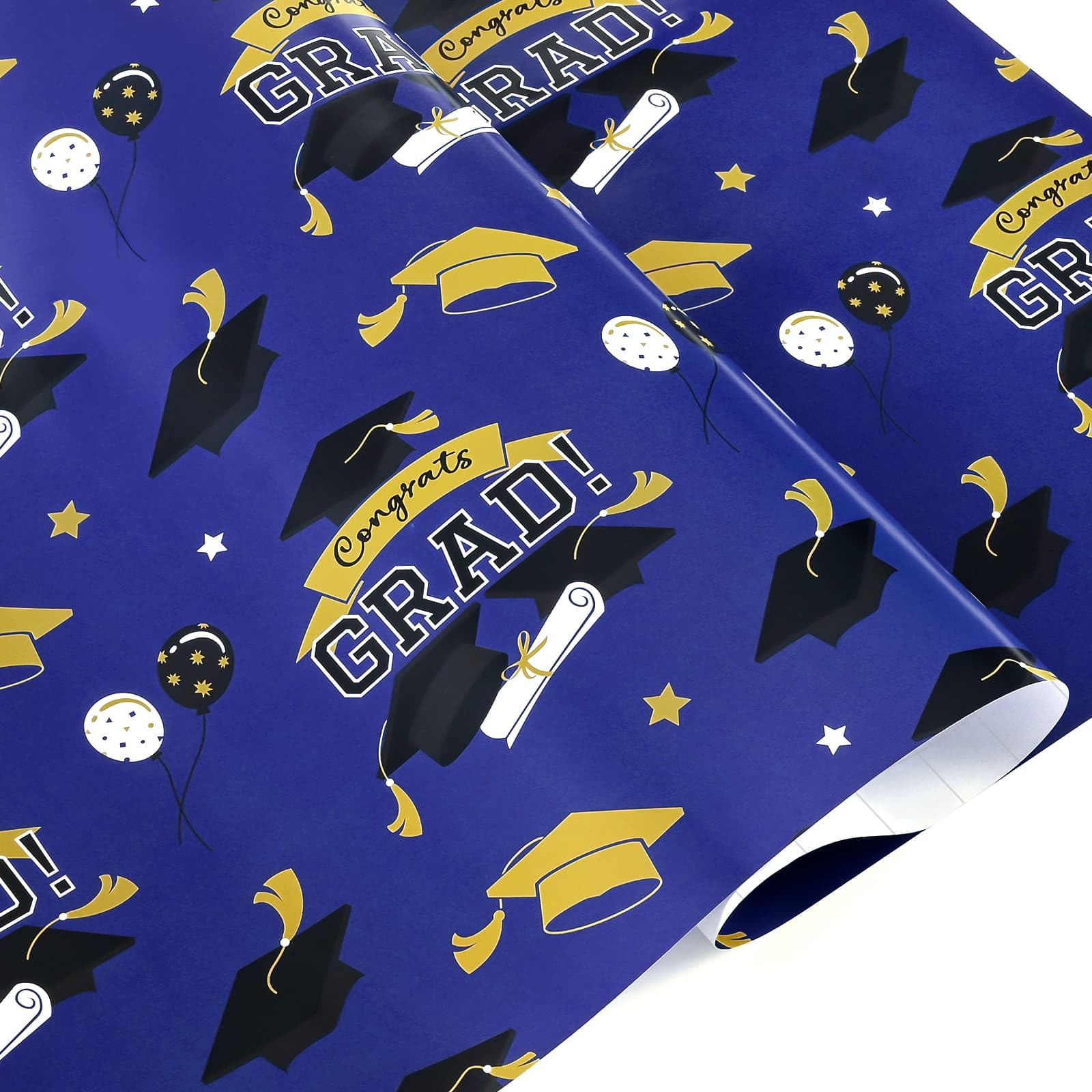 WERNNSAI Graduation Wrapping Paper - 6 Sheets 19.7”x 27.5”Blue Graduation Cap Gift Wrap for Graduates Ceremony Grade Class Celebrations Supplies School Events with Congrats Grad Balloon Design — image 1