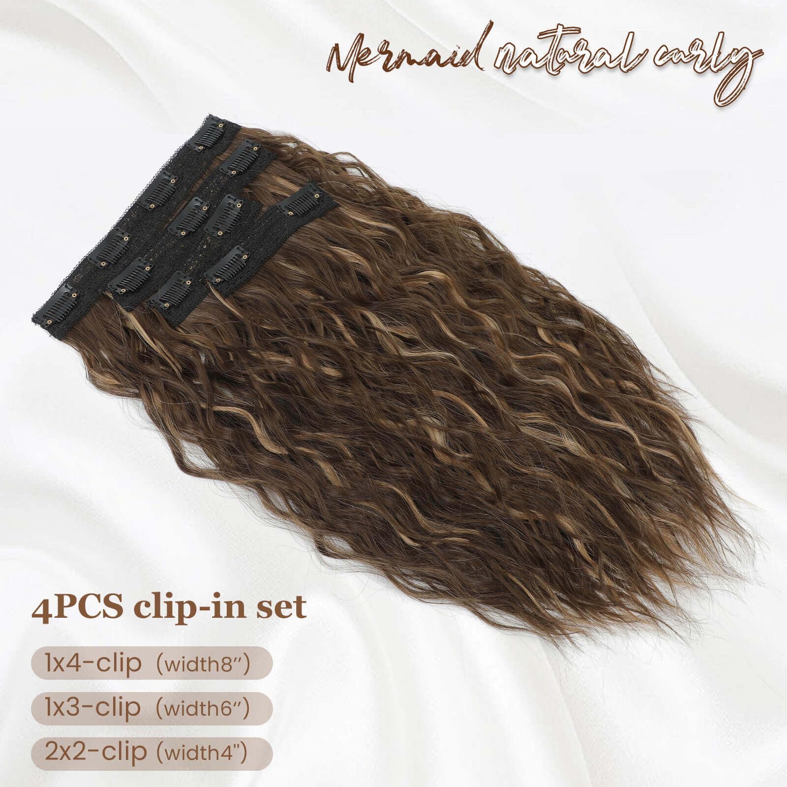 Flyroseing 4PCS Clip in Hair Extension,Dark Brown with Highlights Hair Extensions Clip in 14" Short Curly Hair Extensions Seamless Lace Weft Natural Soft Mermaid Waves Hairpieces for Women - Image 2