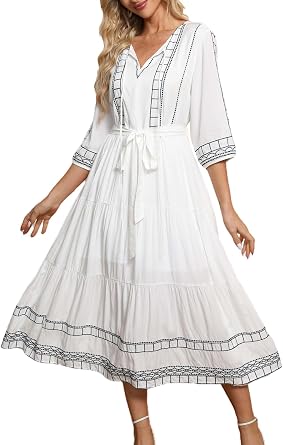 LauraKlein Boho Embroidered Western Ethnic Maxi Dresses for Women 3/4 Sleeve Elegant V Neck Waist Tie Mexican Inspired Party Casual Dress White,M
