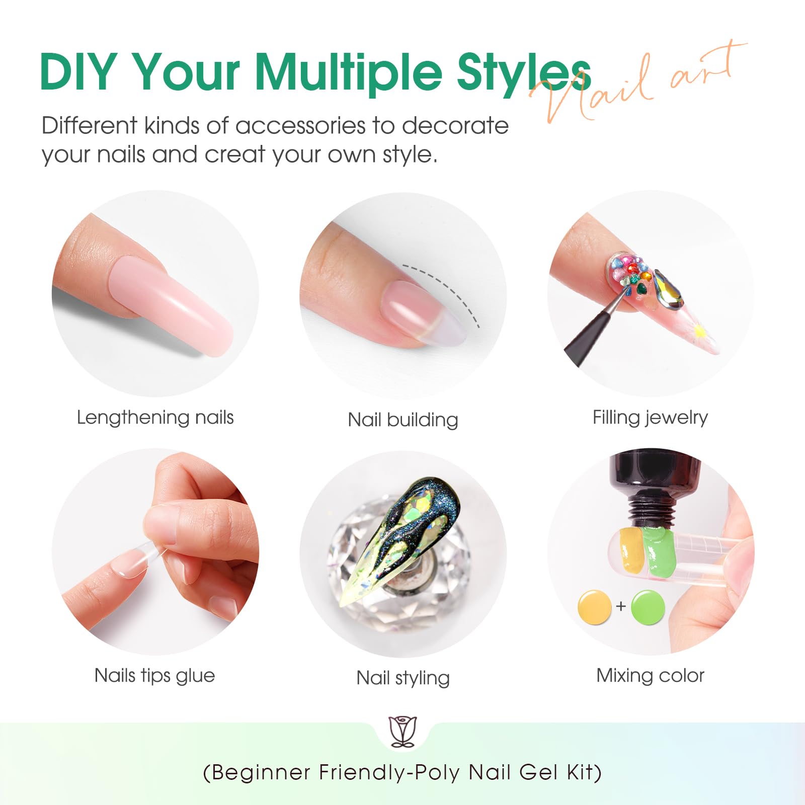 ROSALIND Kit UV Acrygel pour Ongle Complet, Poly Extension d'ongles en Gel 8 Couleurs 10 ml Avec Lampe UV, Base & Top Coat et Outils de Manucure, DIY Nail Art Ongles Gel Complet Kit pour Débutant
