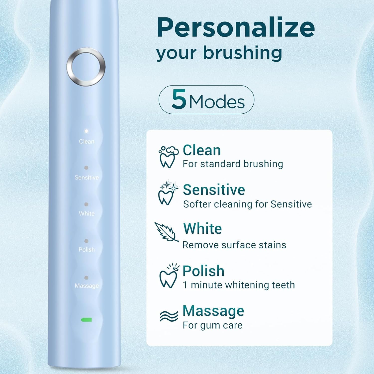 Electric Toothbrush for Adults with 8 Brush Heads, Sonic Toothbrush Rechargeable with a Holder & Travel Case, 2.5 Hours Charge for 120 Days Use - Light Blue