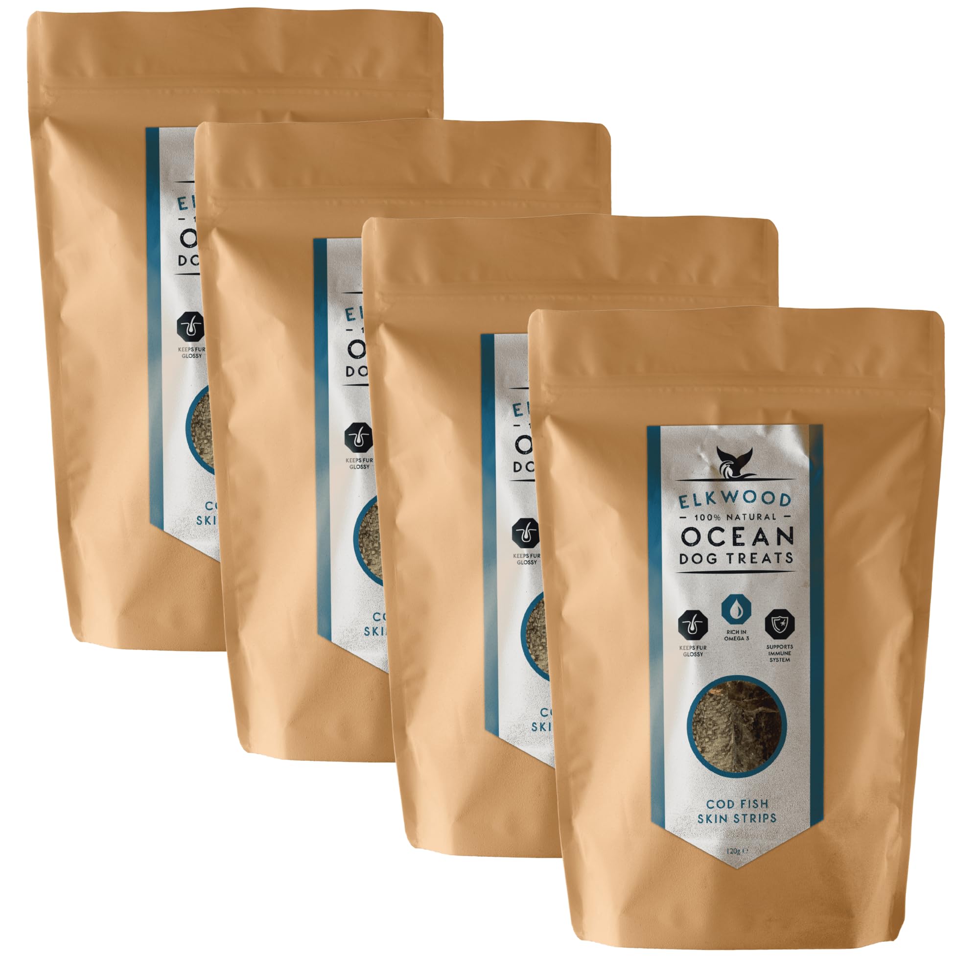 Elkwood 100% Natural Cod Fish Skin Strips for Dogs 120g | High in Protein & Omega-3 Treats Supporting Joint, Coat & Bone Health | High-Value Training Treats - Air-Dried Dog Treats - (Pack of 4)