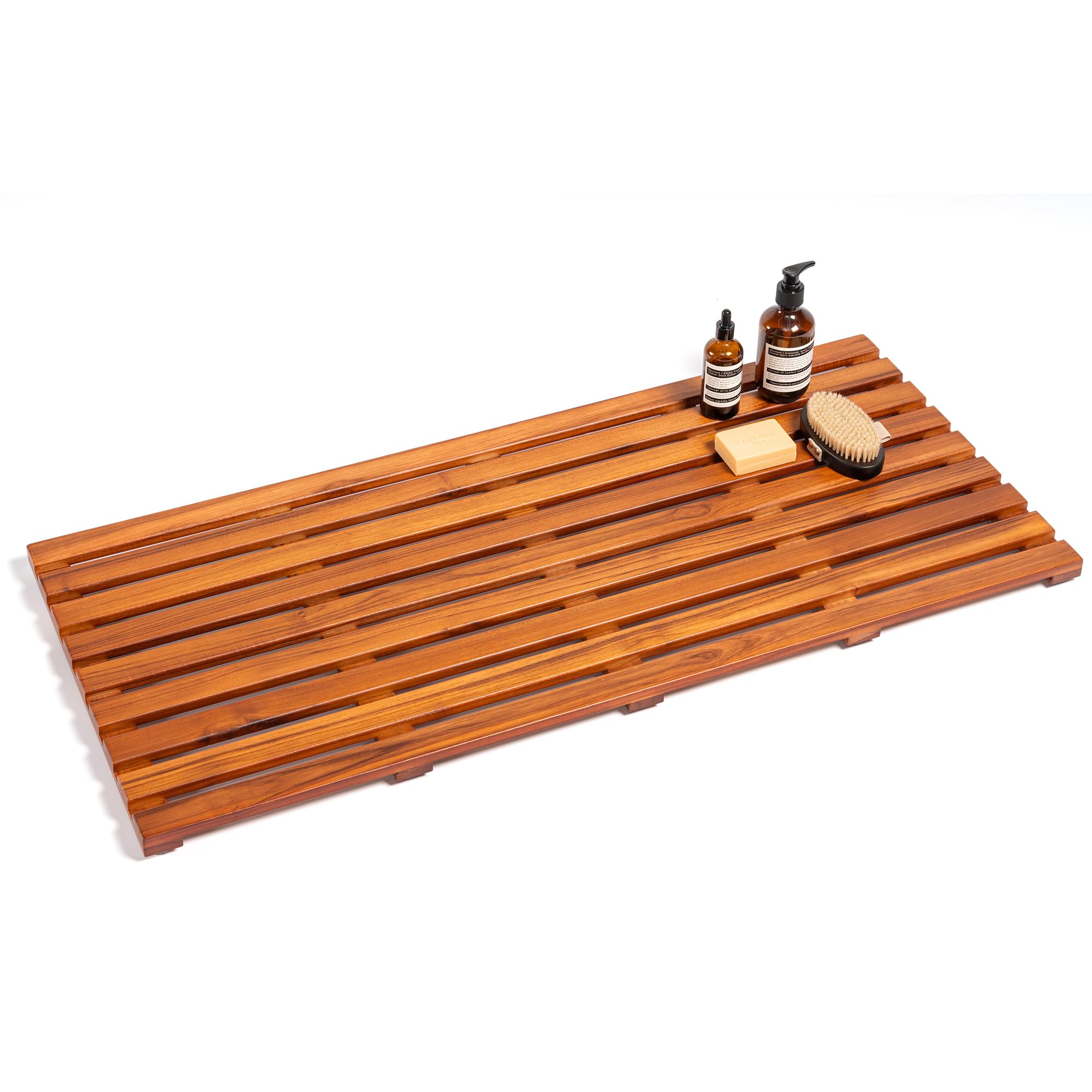 teak bath mat 40"x18" extra large - solid wood shower mat for bathroom, spa & outdoor use - non-slip fast-drying design - natural teak wood - wide slat floor mat for tub & pool