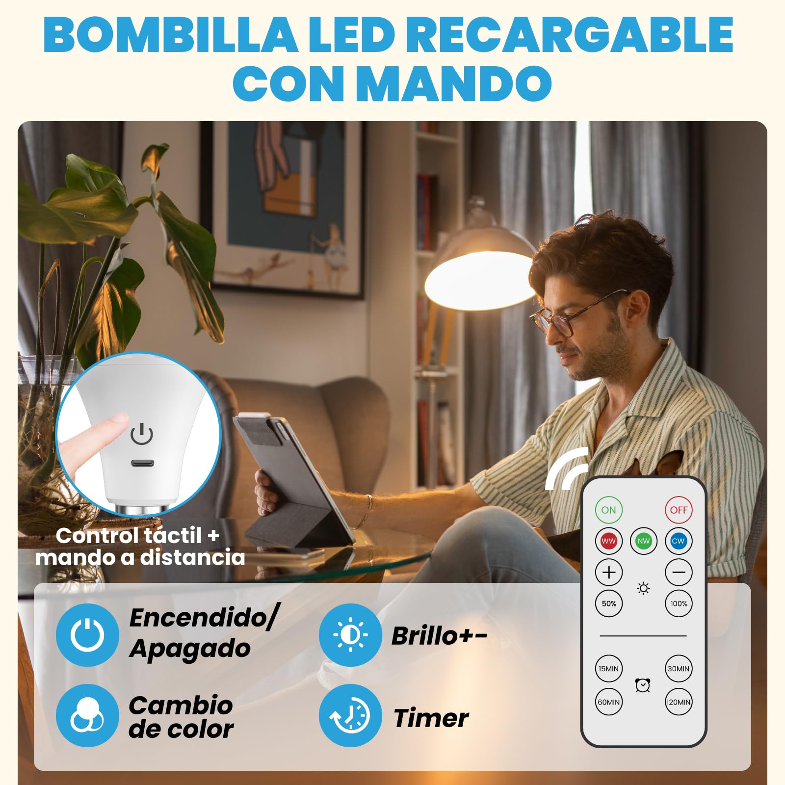 Bombilla Recargable E27 con Mando a Distancia, 3 Temperaturas de Color Regulable Bombilla Inalámbrica sin Electricidad con Batería, USB C Recargable, para Camping, Emergencias(2-unidad)