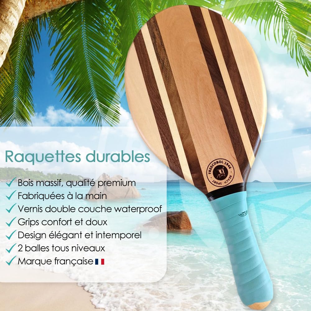 Set di 2 racchette da spiaggia in legno massiccio con palline, ispirazione brasiliana con borsa da trasporto in neoprene, design elegante