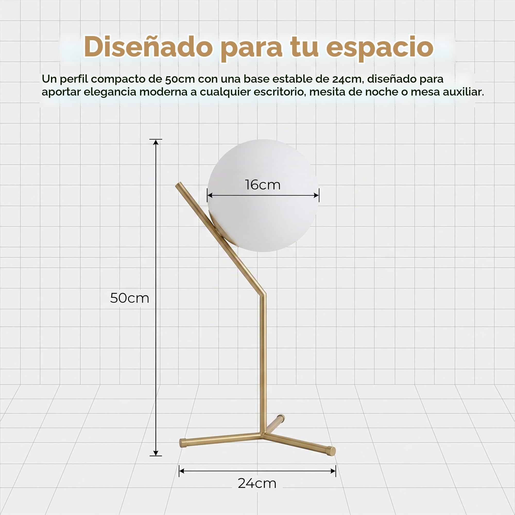 B·LED BARCELONA LED Lámpara de Mesa Elegante Moderna Dorada Angular con Bola de Cristal Blanco Opalino para Salón Mesita de Noche Dormitorio Cabecera