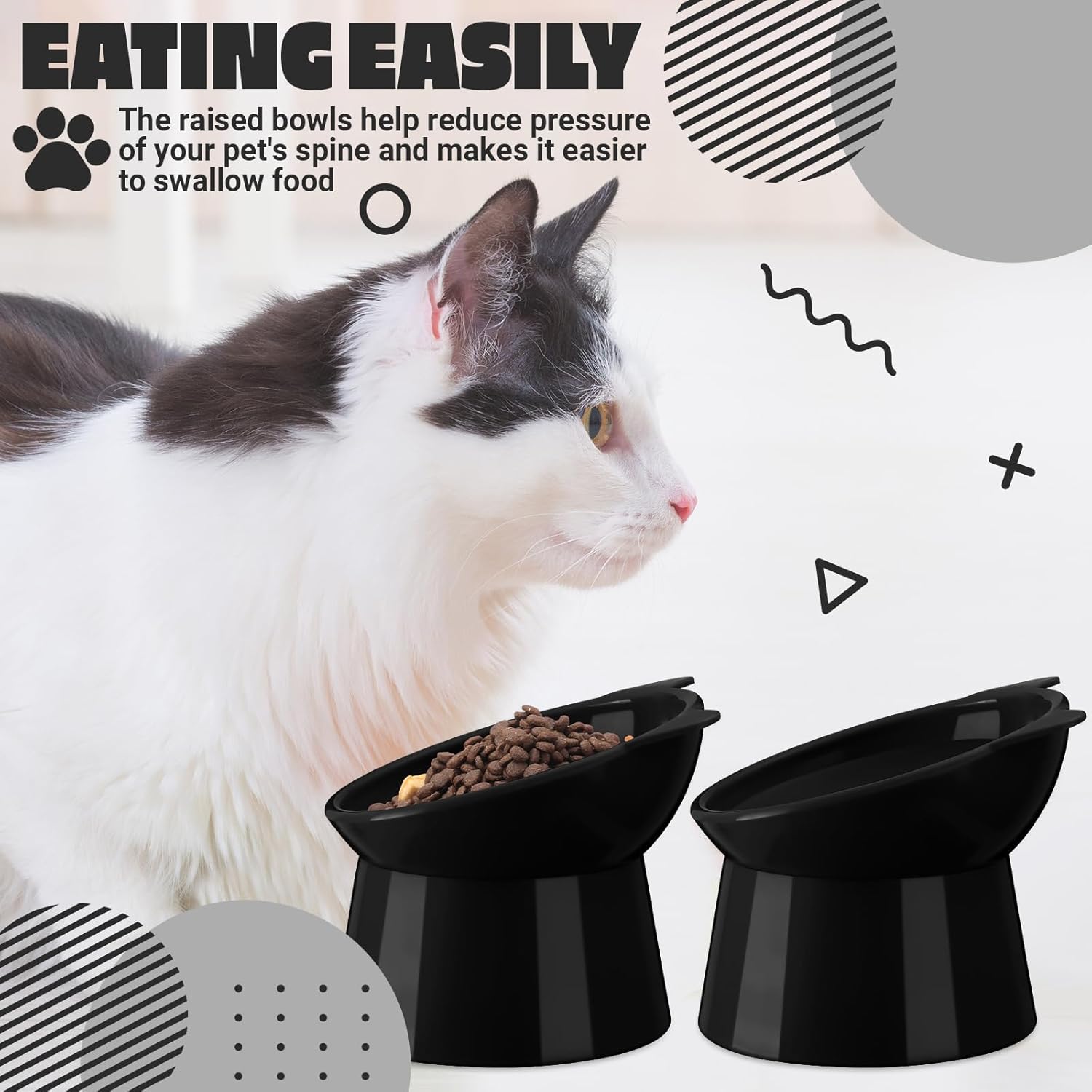 Zhehao 2 Pieces Plastic Raised Bowl Tilted 15 Degrees Elevated Cat Food and Water Bowls Set Anti Vomit Dog Kitten Food Dishes Pet for Cats and Small Dogs(Cat Ears,Black)