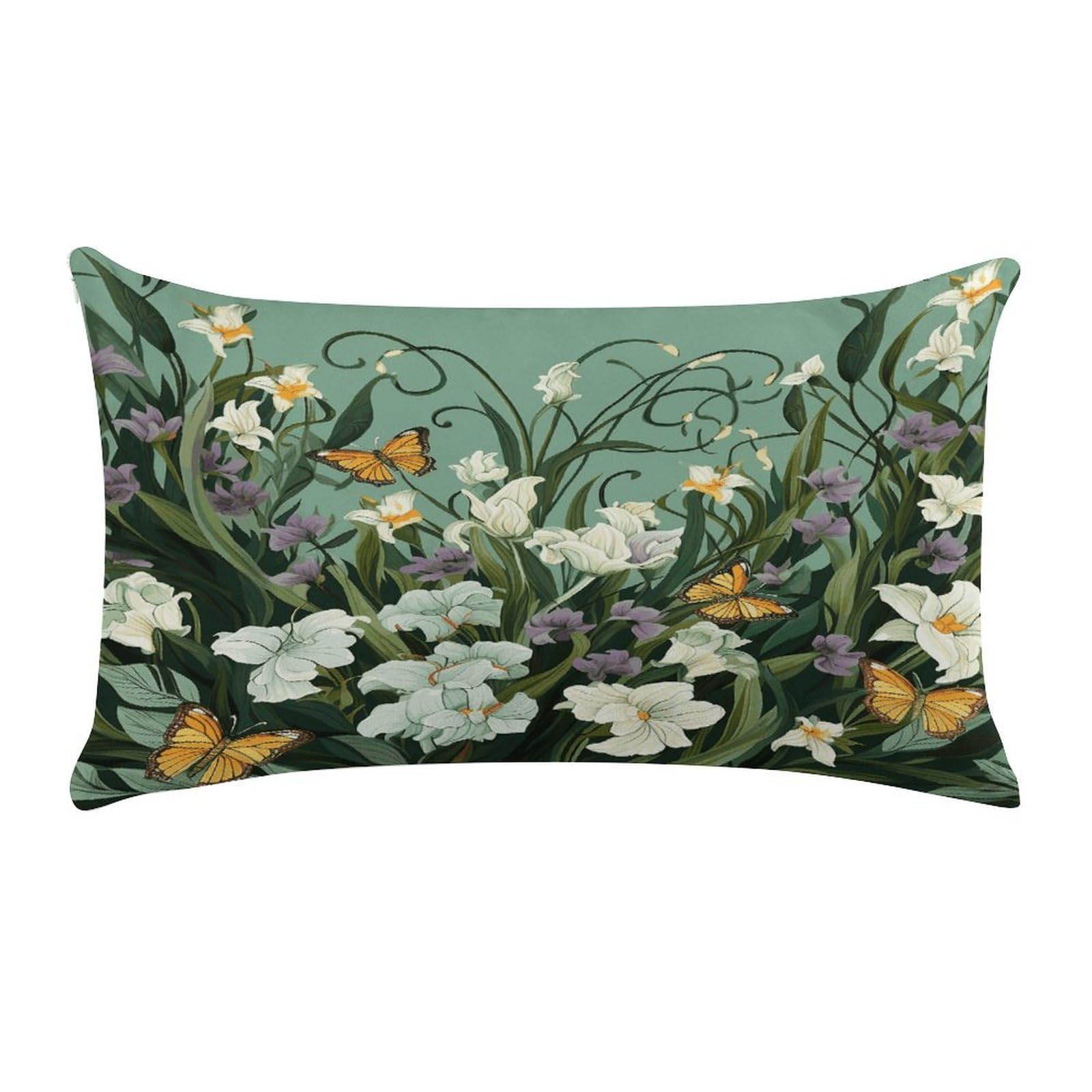 Flowers and Butterflies on Green Background Pillow Cover Super Soft Pillowcase Luxury Cozy Fuzzy Velvet Pillow Shams Breathable Standard Pillow Cases with Zipper Wrinkle-Free Pillow Cover 12 "×20 "