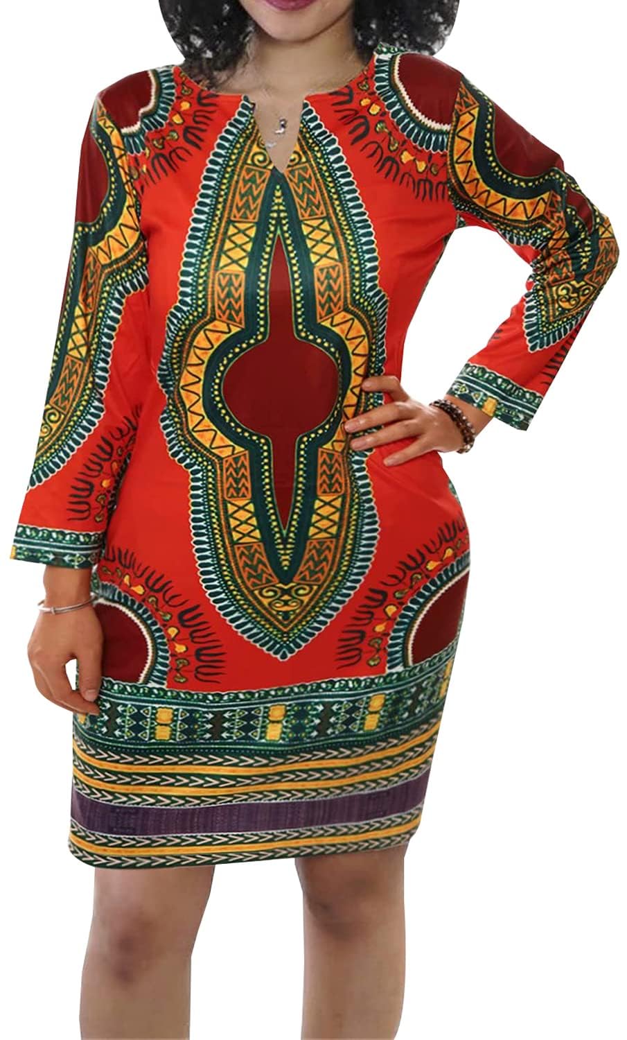 Women's Bodycon Dashiki African Midi Dresses Bohemian Vintage Club Dress with Pocket