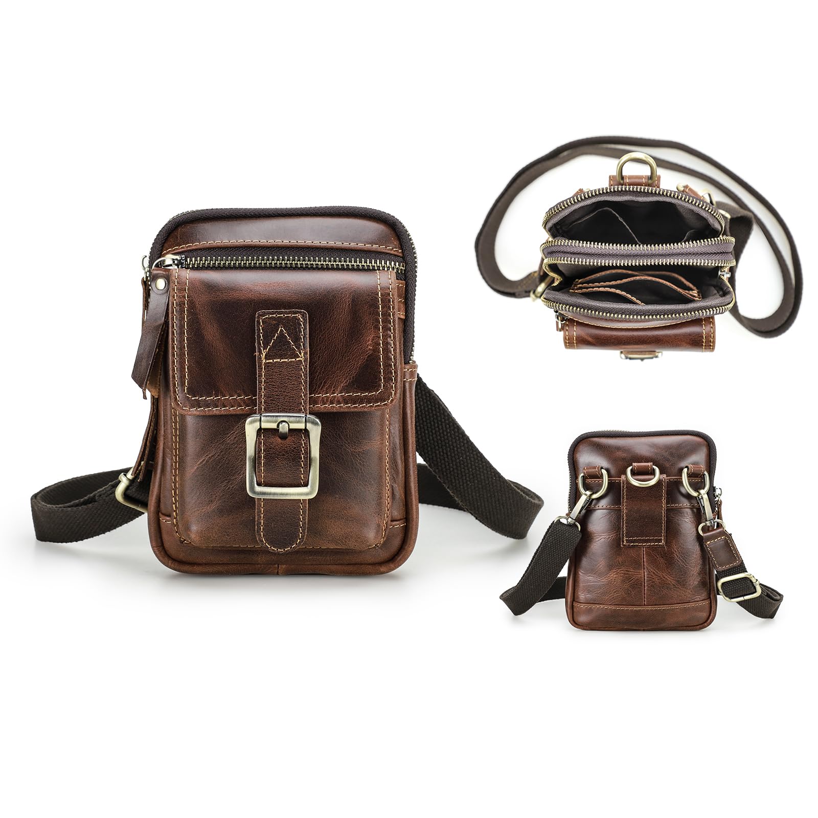 Genuine Leather Man Small Chest Bag Messenger Belt Waist Bag Purse Pouch Phone Wallet for Sports Hiking Camping Purse Brown-image-43