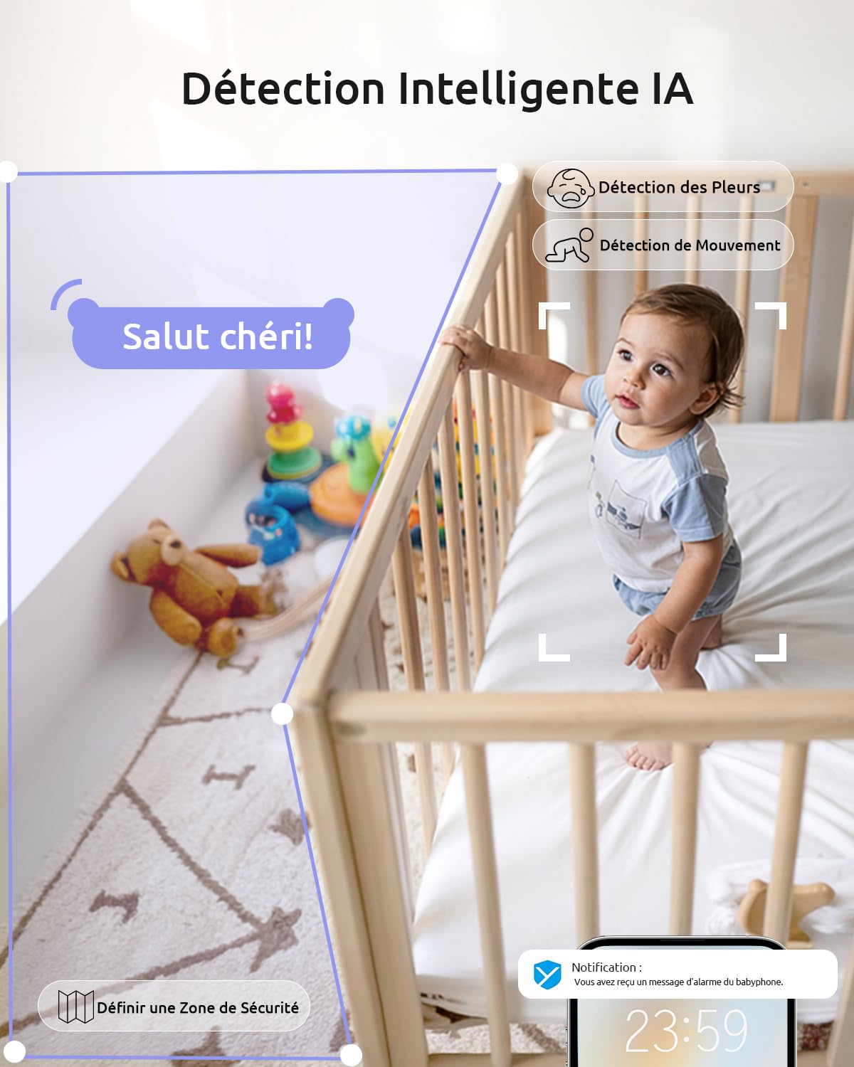 YESIMOM 2K 5" Babyphone Camera, 360° PTZ Baby Phone avec Caméra Vidéo et Audio APP, Veilleuses Colorées, Zoom 4X, Surveillance des Mouvements & Suivi Automatique, Alarmes de Zone - 3