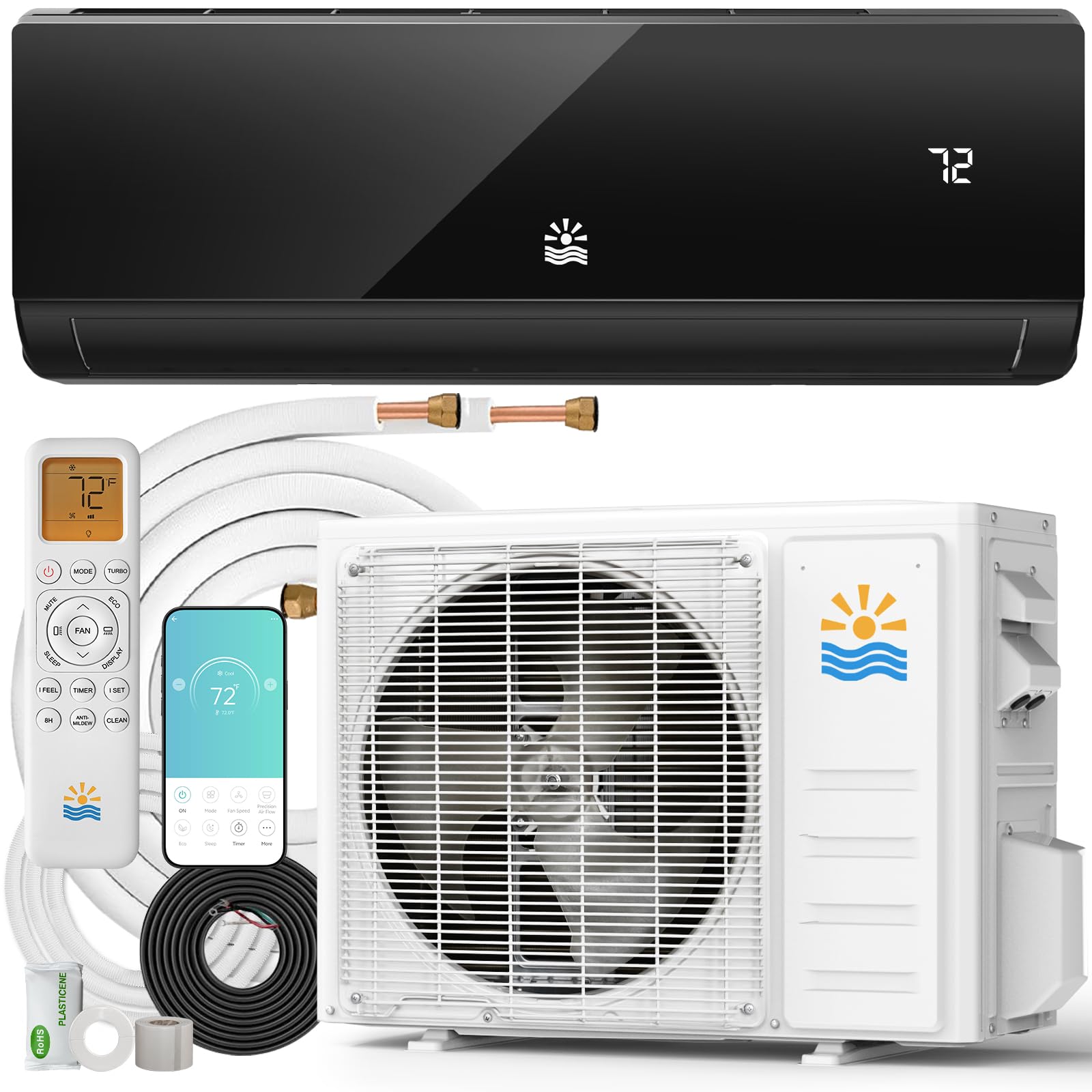 Indoor unit of the mini split air conditioner showing cool air on the left and warm air on the right, indicating both cooling and heating functions.