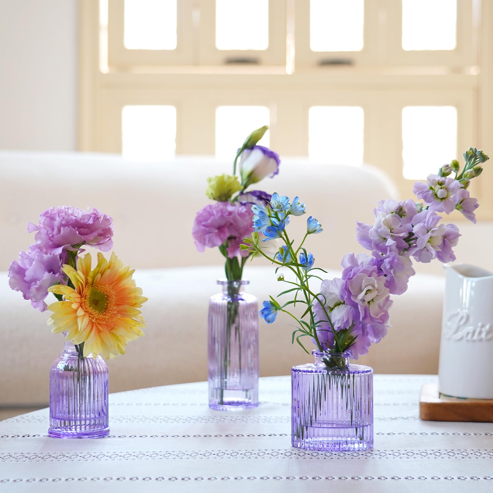 Glasvasen, 61 cm, kleine Violette Vase, Glasvasen für Blumen, Moderne, gerippte, farbige Knospenvase für Dekoration, Hochzeit, Blumenvase in Großpackung, Vintage-Dekor, Brautparty, Tafelaufsatz