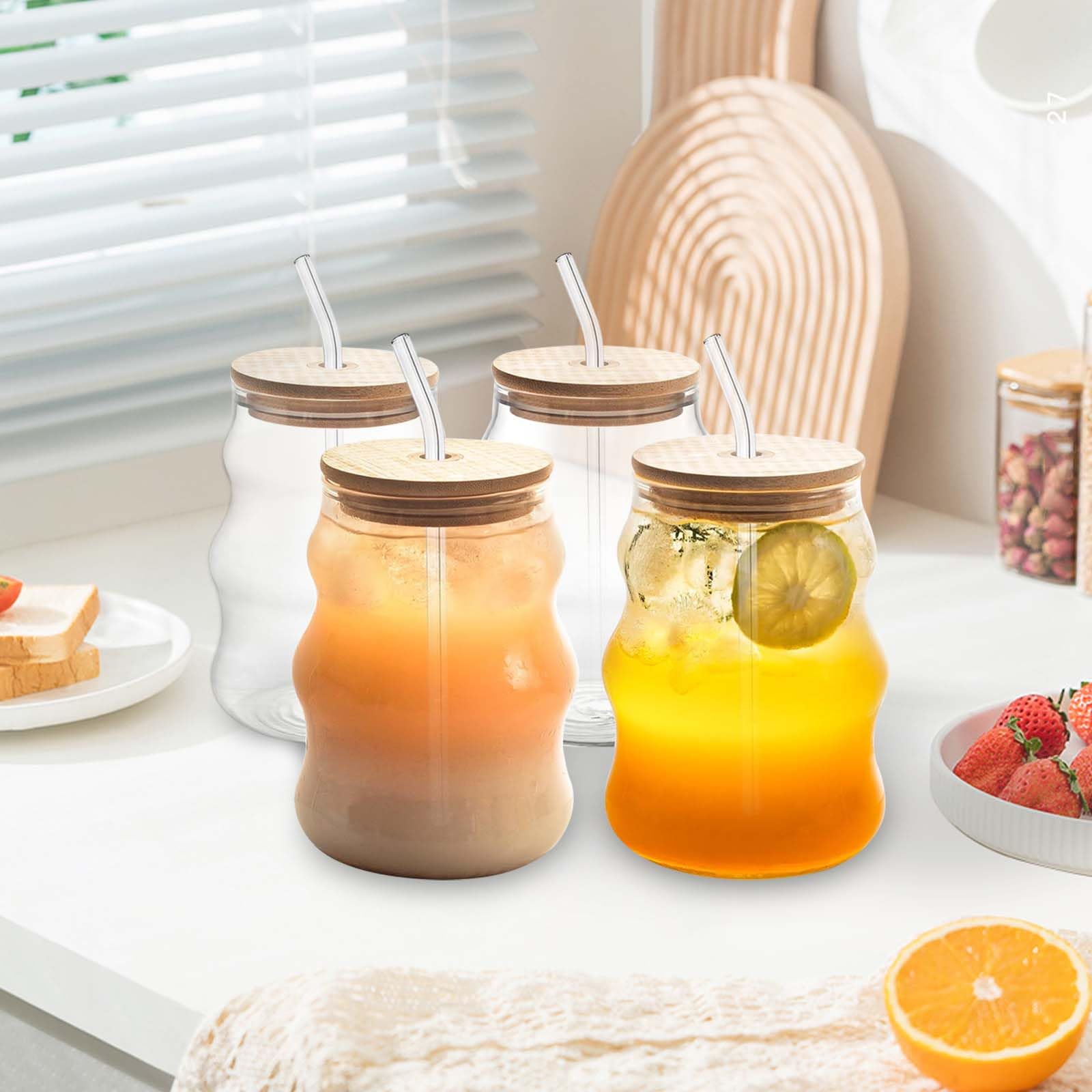 2er Set Latte Macchiato Gläser 530ml - Gewellte Glasbecher Mit Deckel & Strohhalmen