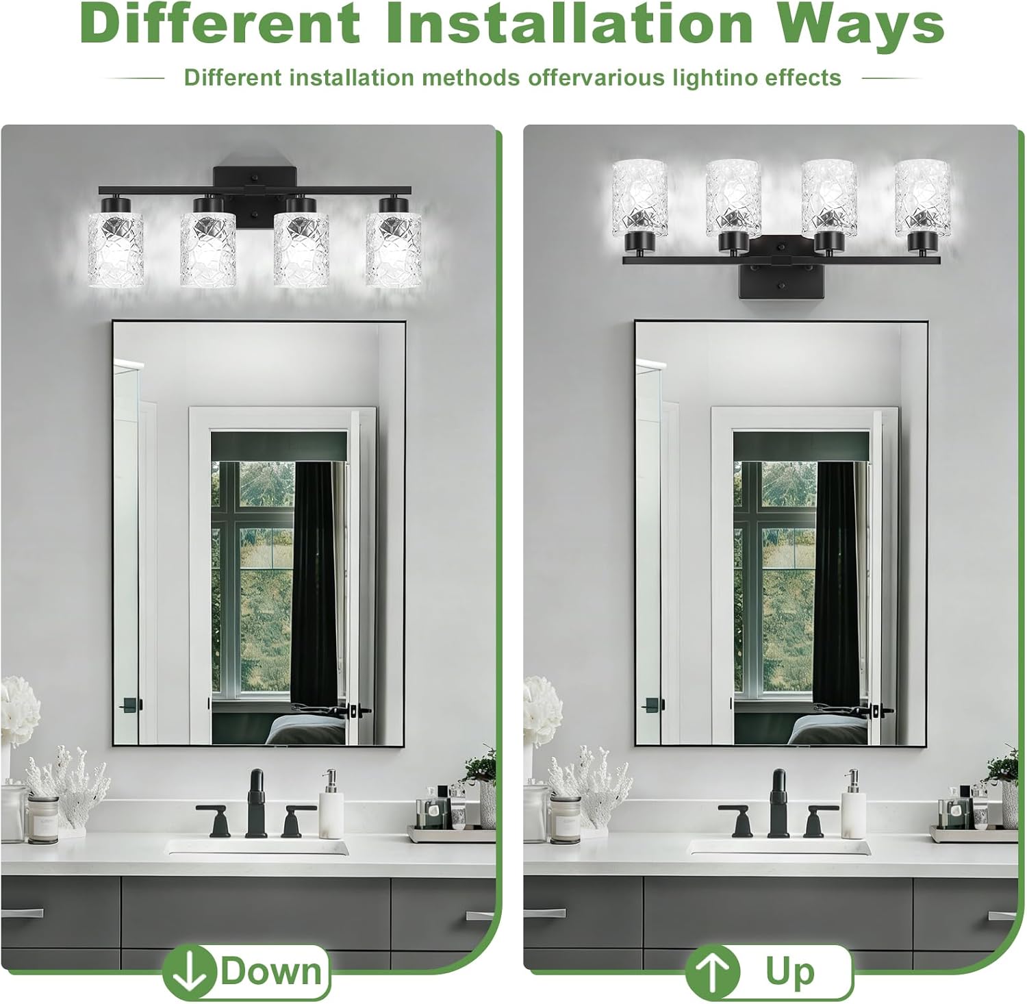 Black Bathroom Light Fixtures, 4-Light Modern Bathroom Vanity Wall Light, Vanity Lights for Mirror, Wall Sconces with Clear Textured Glass (E26 Socket, Bulbs Not Included)