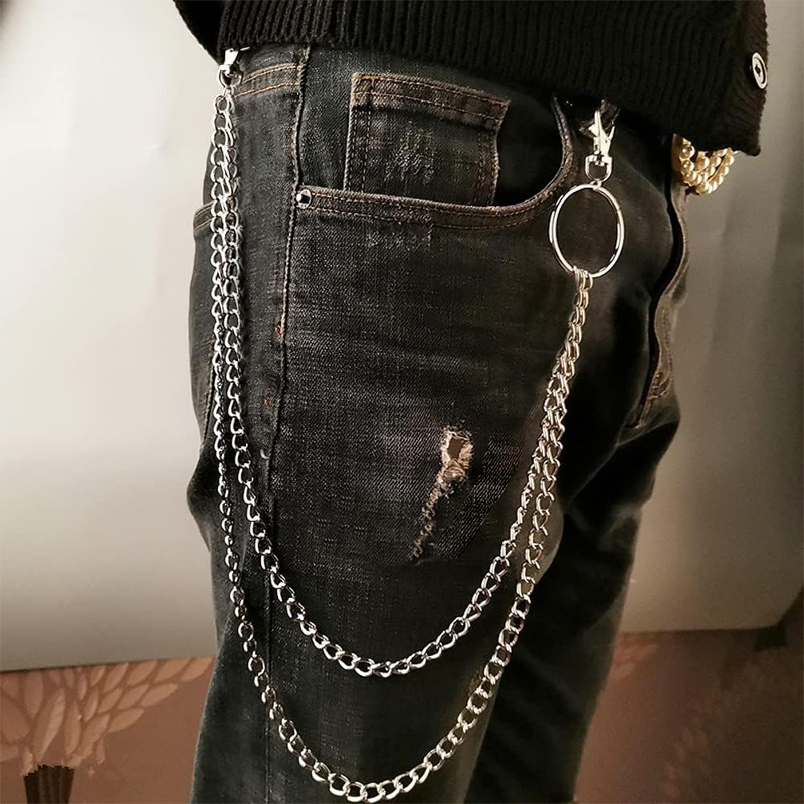 3 Piezas Cadena de Pantalón, Cadenas de Vaqueros, Hip Hop Cadenas de Jeans, Cadena para Cartera para Jeans, Cinturón, Billetera y Llaves (Plata)