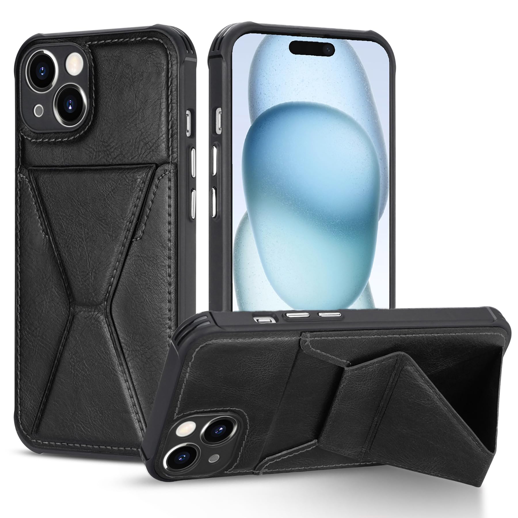 rojarou Leather Case for iPhone 15 Plus with Card Holder [Store 2 Cards],Wallet Case with [Hand Grip Kickstand] Magnetic Car Mount Slim fit Phone Case for Apple iPhone 15 Plus Cover-Black