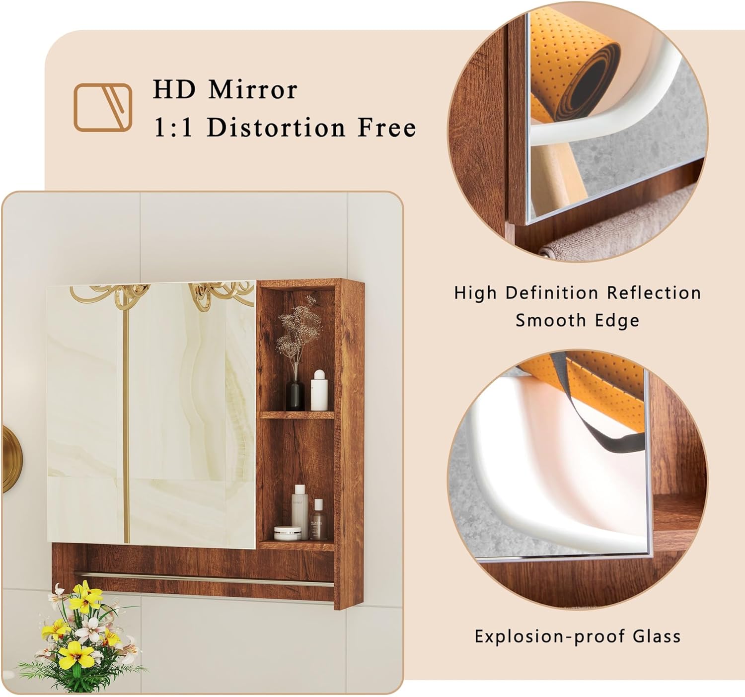 Bathroom Mirror Cabinet Wall Mounted with Shelves, Towel Rack, and Hidden Storage