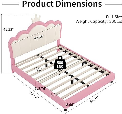 Miniatura 2 de Merax Base de cama tapizada tamaño matrimonial para niños con cabecera corona, cama de plataforma baja de princesa de madera para niños y niñas,
